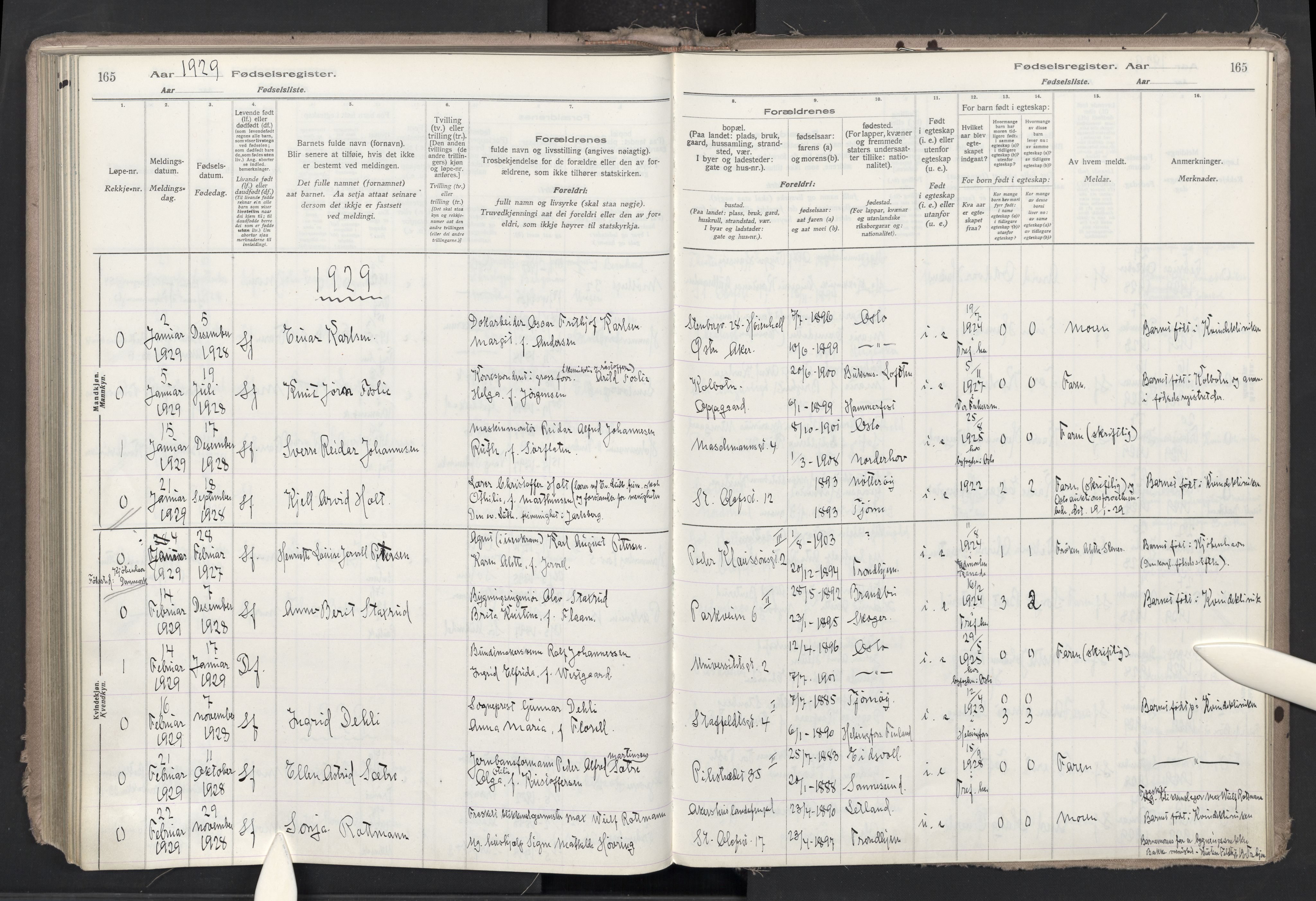 Trefoldighet prestekontor Kirkebøker, SAO/A-10882/J/Ja/L0001: Birth register no. 1, 1916-1931, p. 165
