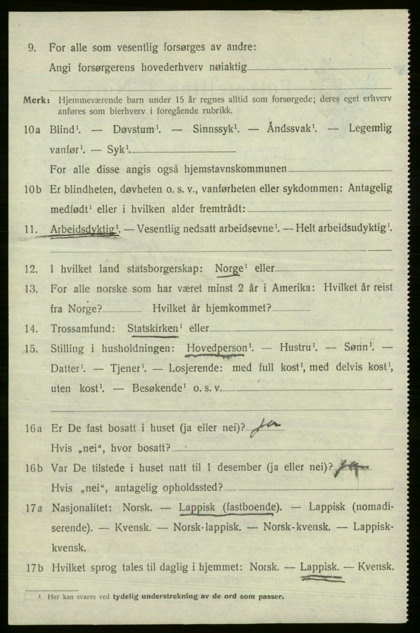 SATØ, 1920 census for Tana, 1920, p. 587