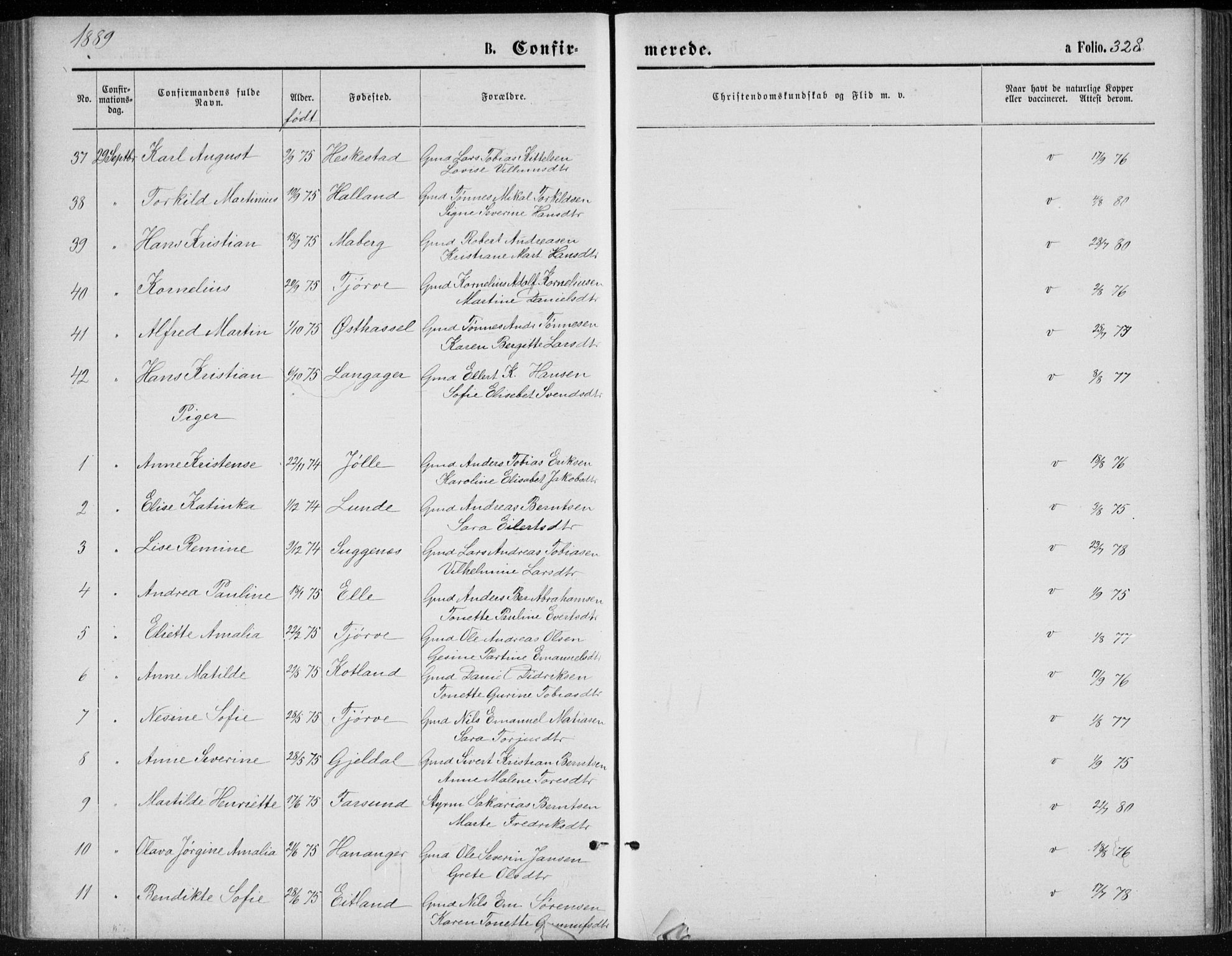 Lista sokneprestkontor, AV/SAK-1111-0027/F/Fb/L0004: Parish register (copy) no. B 4, 1877-1891, p. 328