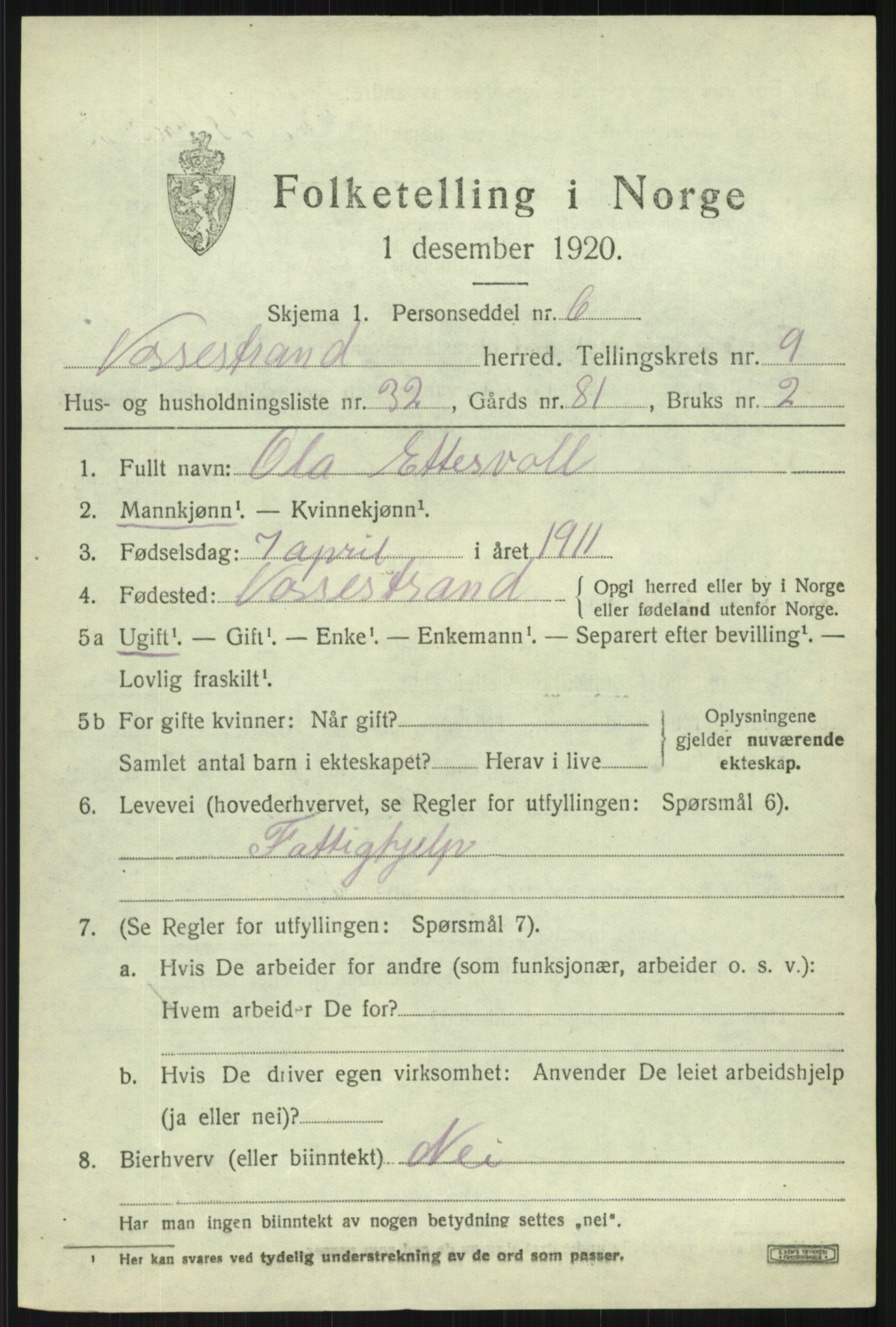 SAB, 1920 census for Vossestrand, 1920, p. 4220