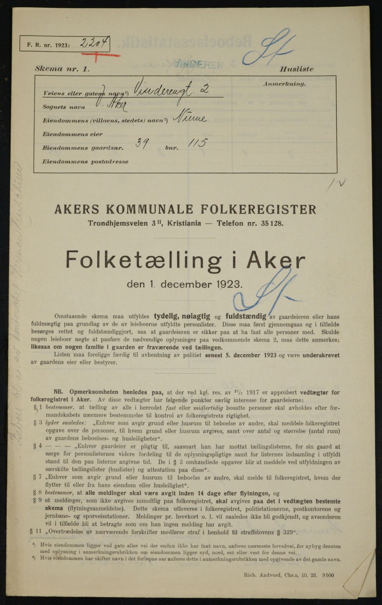 , Municipal Census 1923 for Aker, 1923, p. 22169