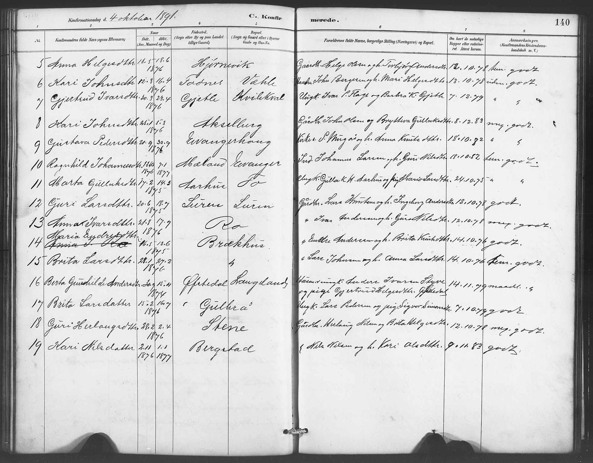 Evanger sokneprestembete, SAB/A-99924: Parish register (copy) no. A 4, 1887-1897, p. 140