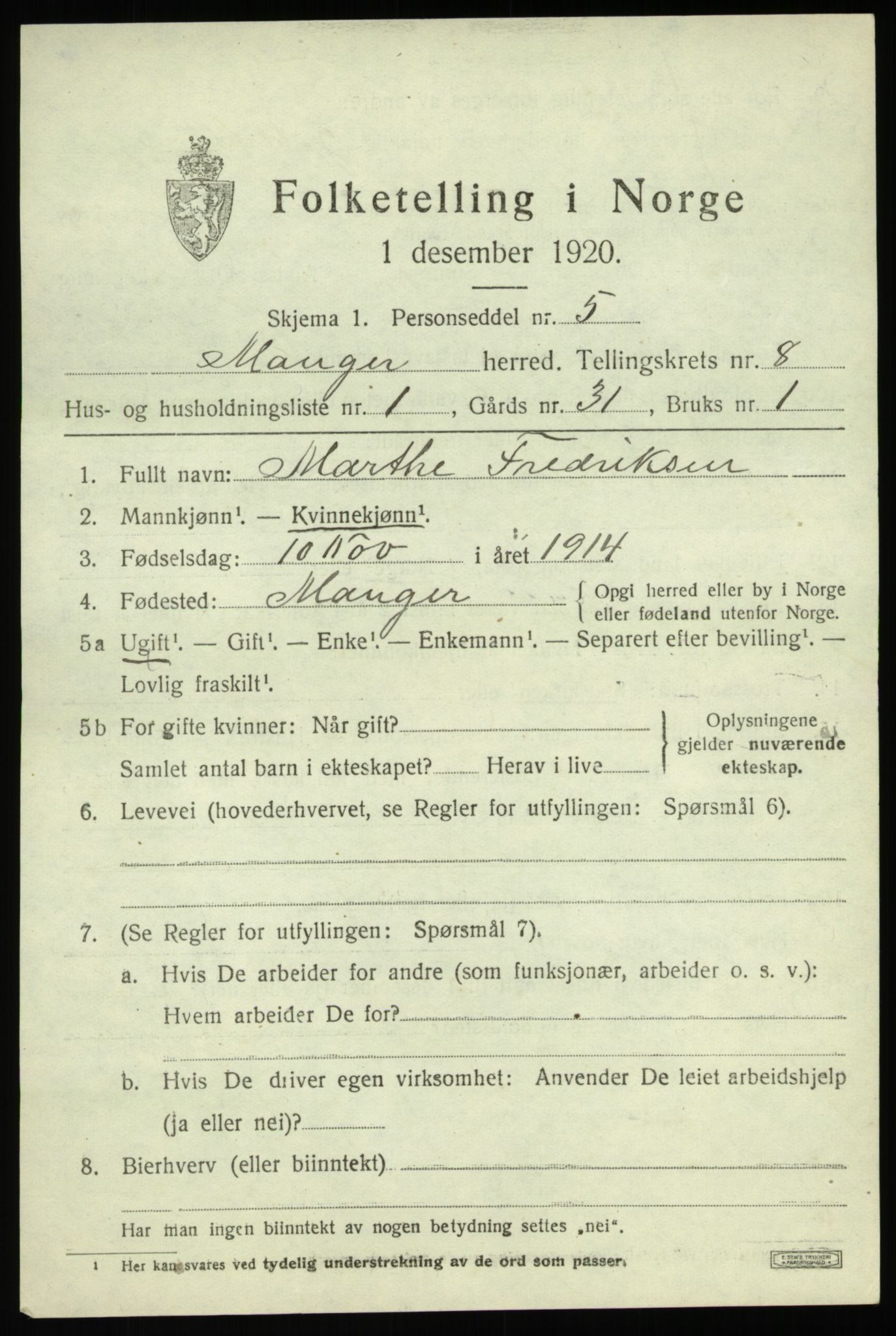 SAB, 1920 census for Manger, 1920, p. 5037