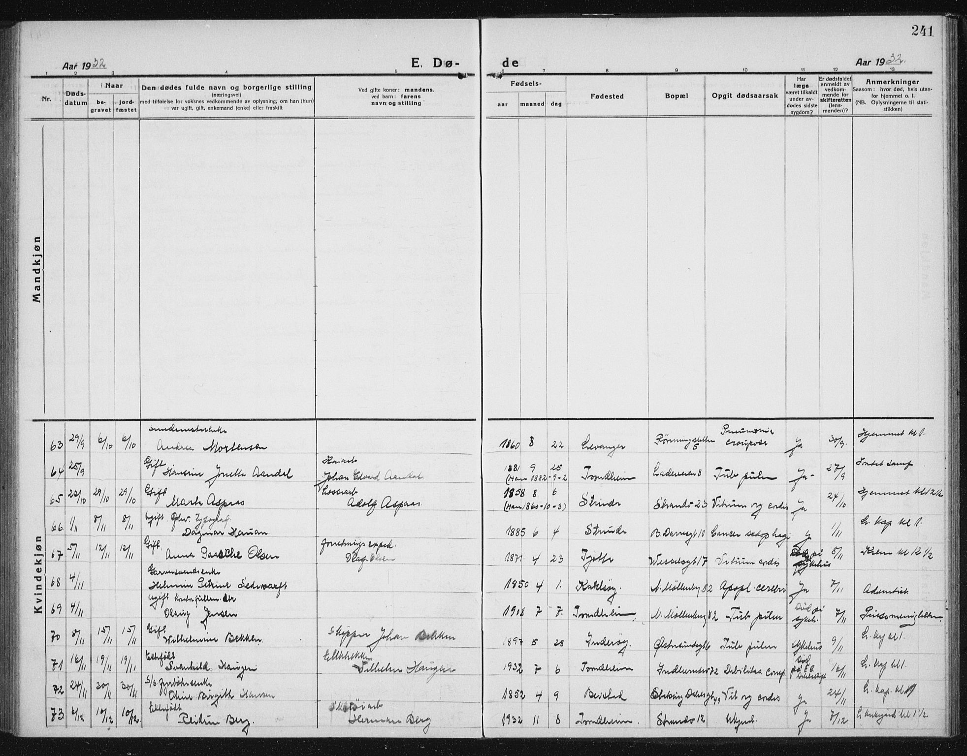 Ministerialprotokoller, klokkerbøker og fødselsregistre - Sør-Trøndelag, AV/SAT-A-1456/605/L0260: Parish register (copy) no. 605C07, 1922-1942, p. 241