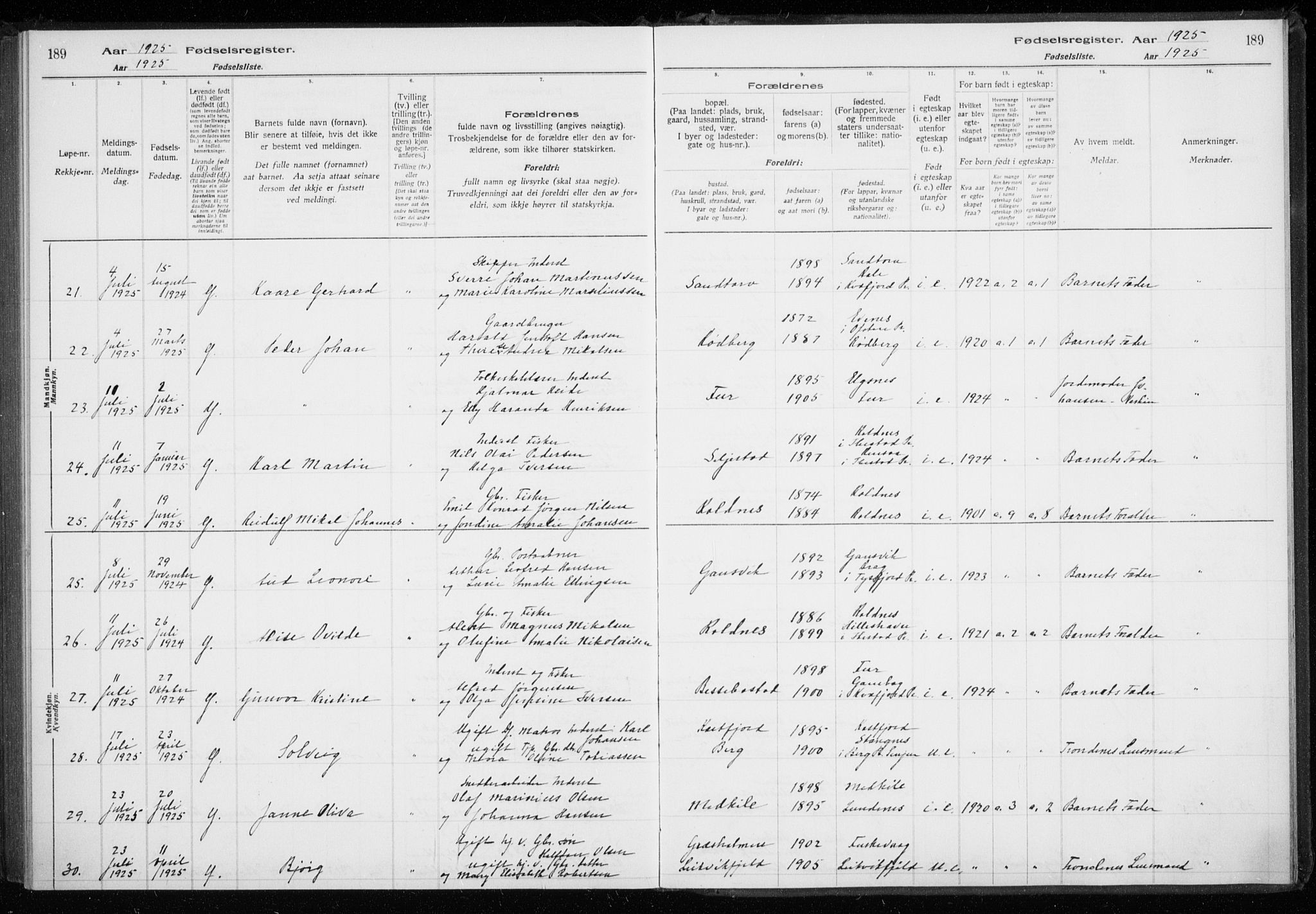 Trondenes sokneprestkontor, AV/SATØ-S-1319/I/Ia/L0089: Birth register no. 89, 1916-1925, p. 189