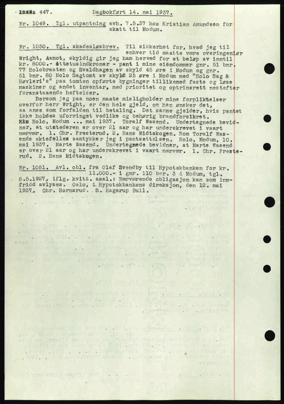 Eiker, Modum og Sigdal sorenskriveri, SAKO/A-123/G/Ga/Gab/L0035: Mortgage book no. A5, 1937-1937, Diary no: : 1047/1937