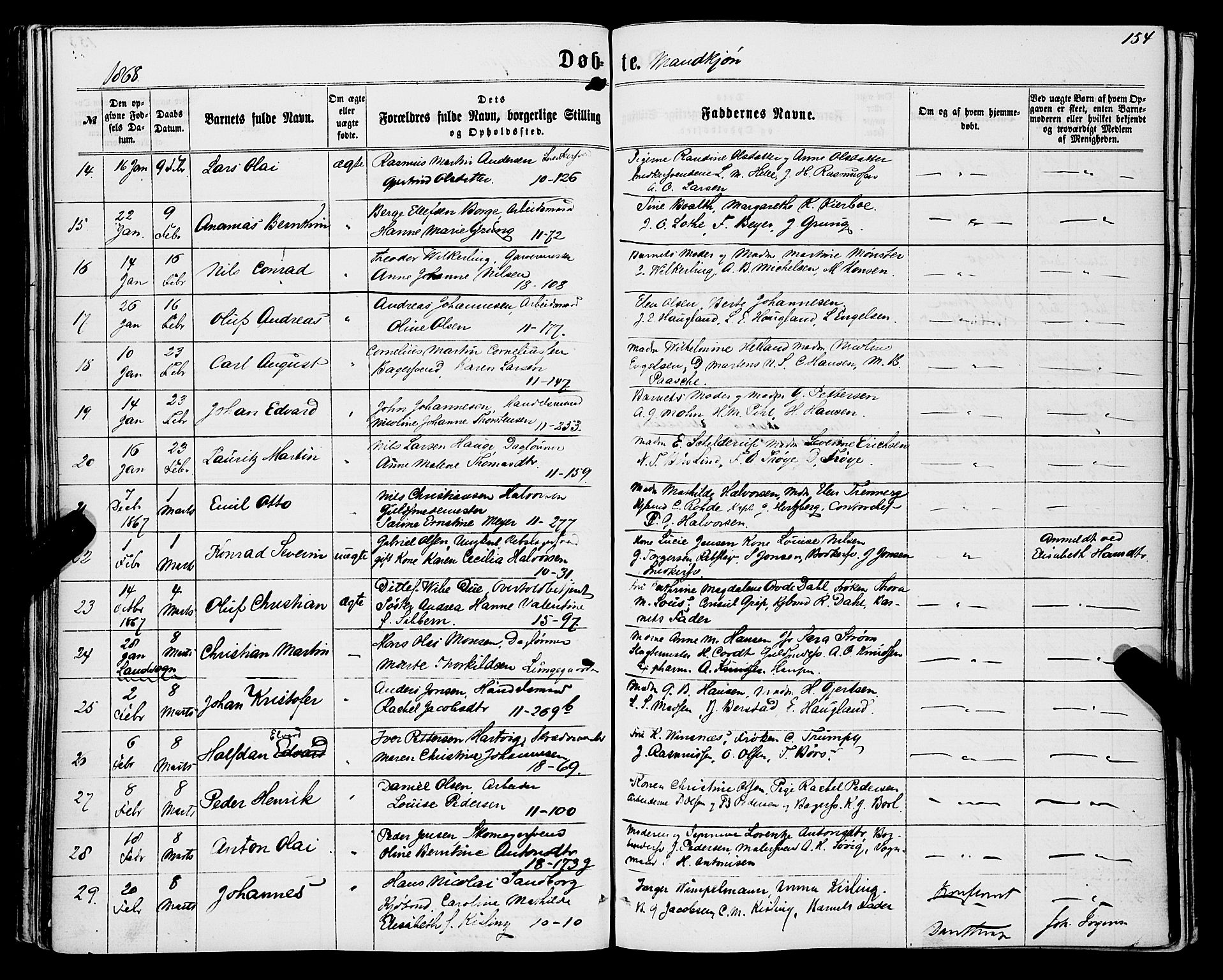 Domkirken sokneprestembete, SAB/A-74801/H/Haa/L0021: Parish register (official) no. B 4, 1859-1871, p. 154