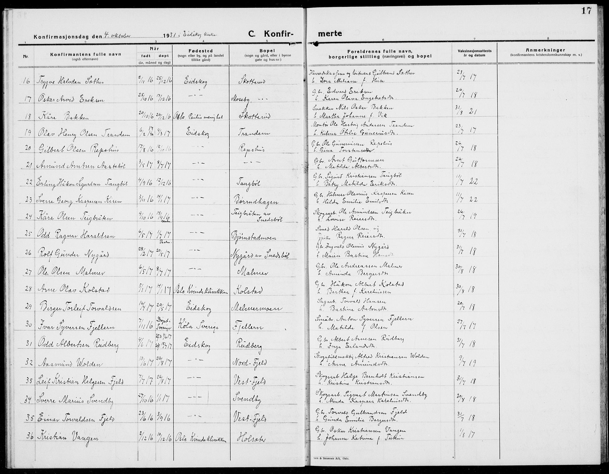 Eidskog prestekontor, SAH/PREST-026/H/Ha/Hab/L0007: Parish register (copy) no. 7, 1925-1938, p. 17