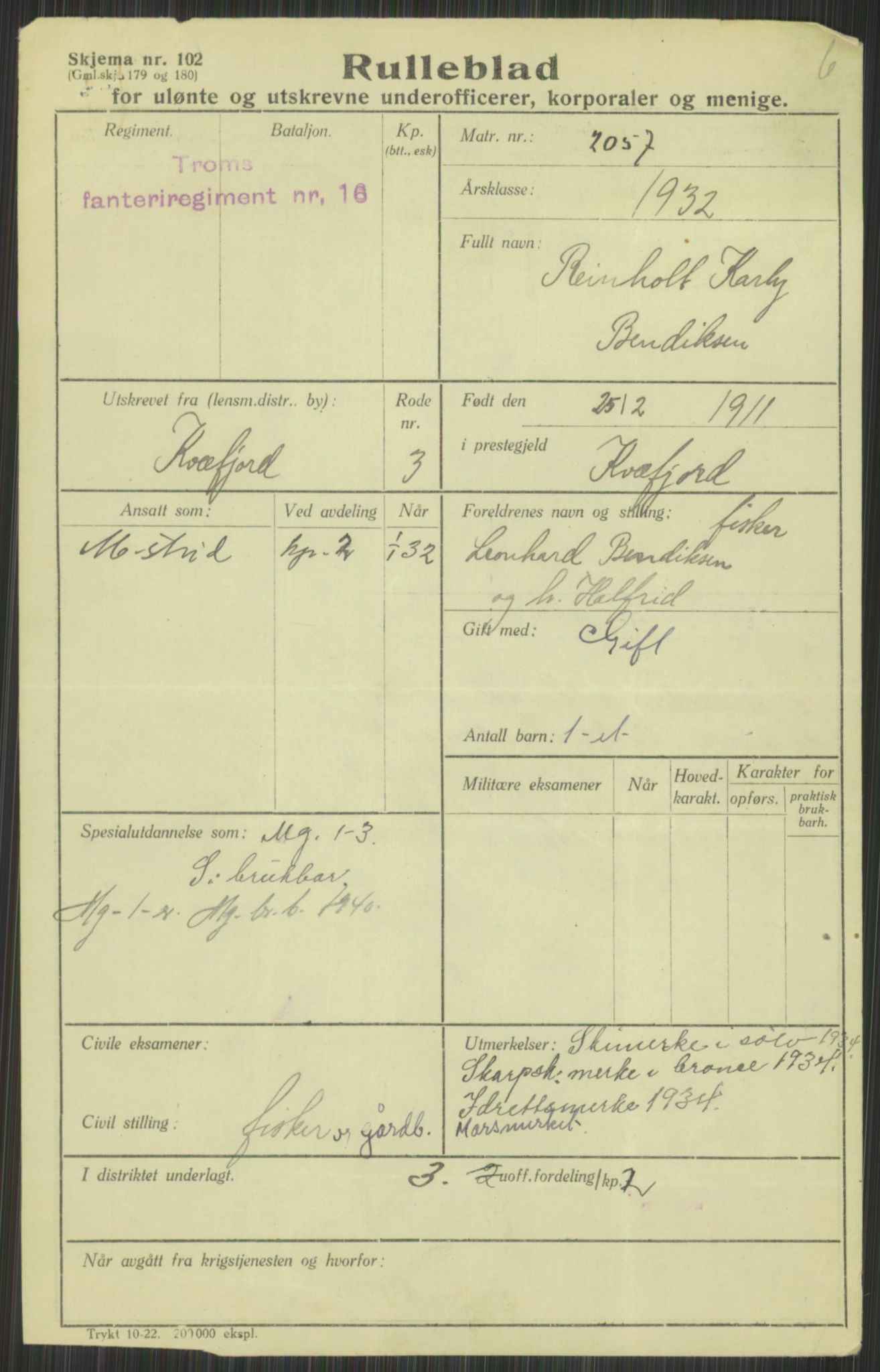 Forsvaret, Troms infanteriregiment nr. 16, AV/RA-RAFA-3146/P/Pa/L0016: Rulleblad for regimentets menige mannskaper, årsklasse 1932, 1932, p. 93
