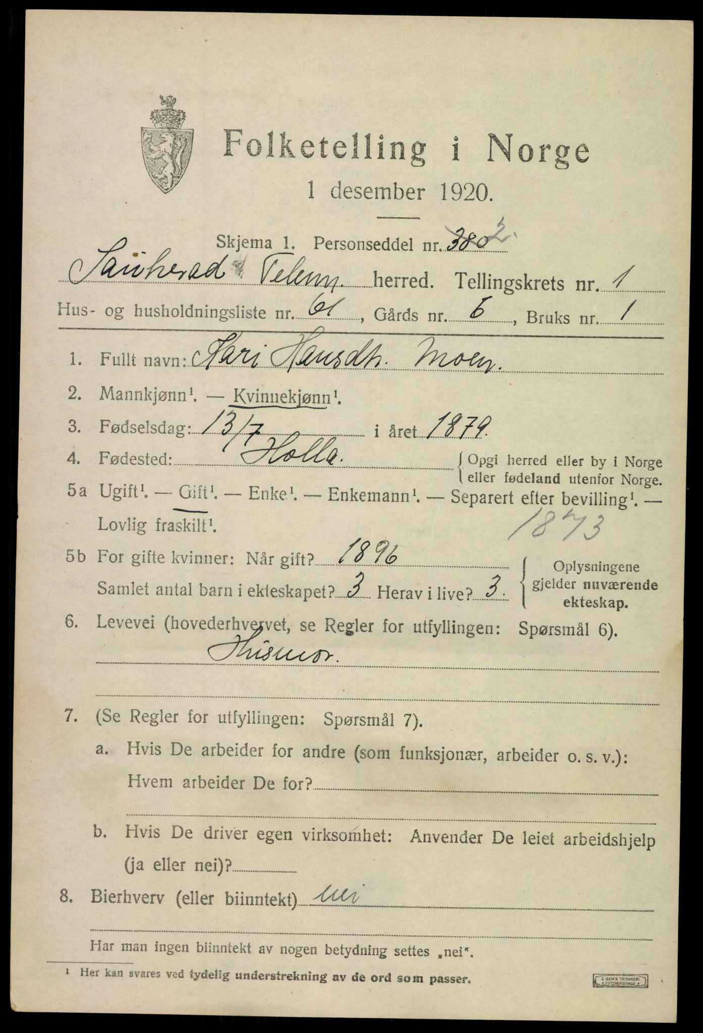 SAKO, 1920 census for Sauherad, 1920, p. 2285