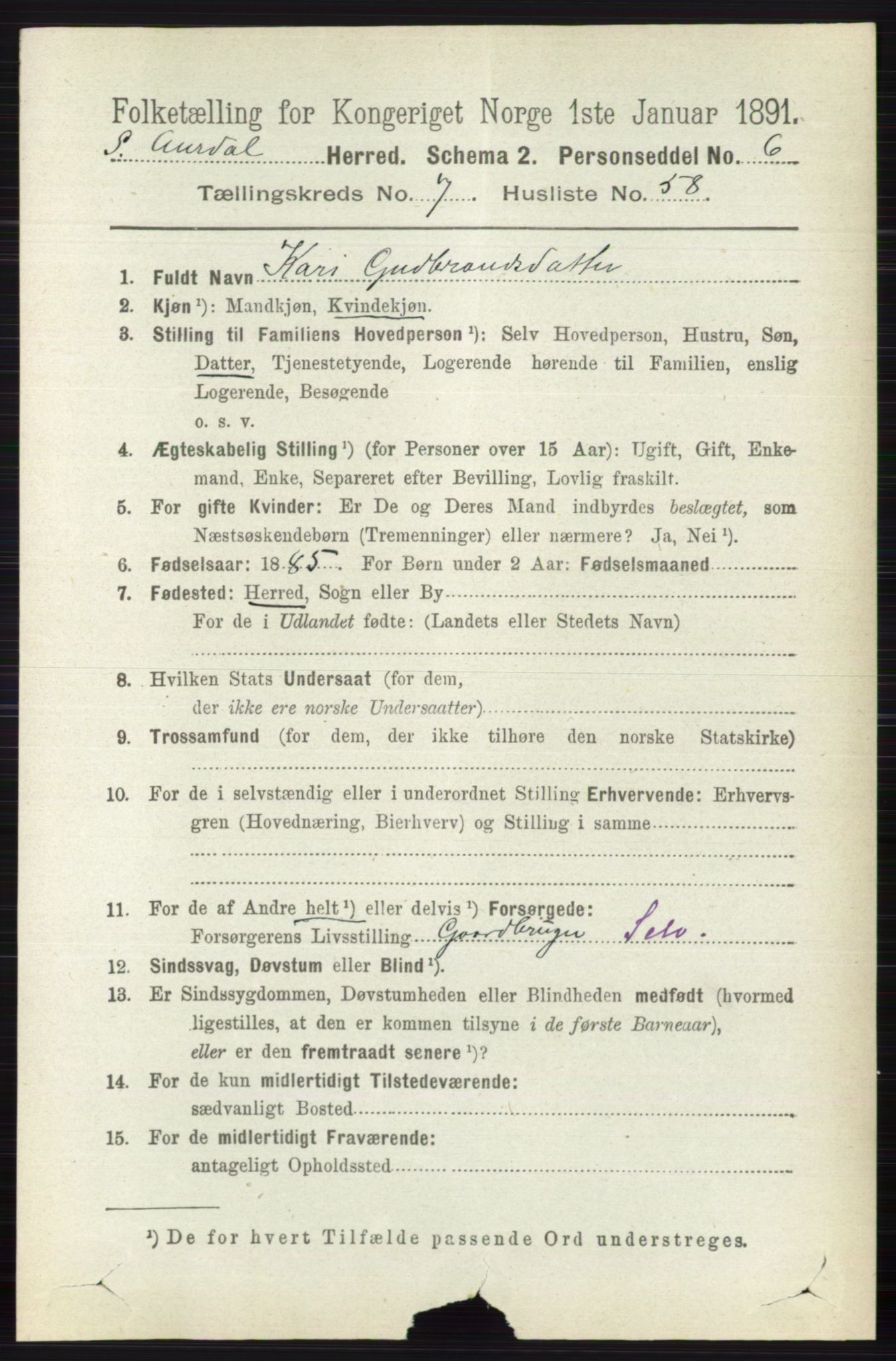 RA, 1891 census for 0540 Sør-Aurdal, 1891, p. 4747