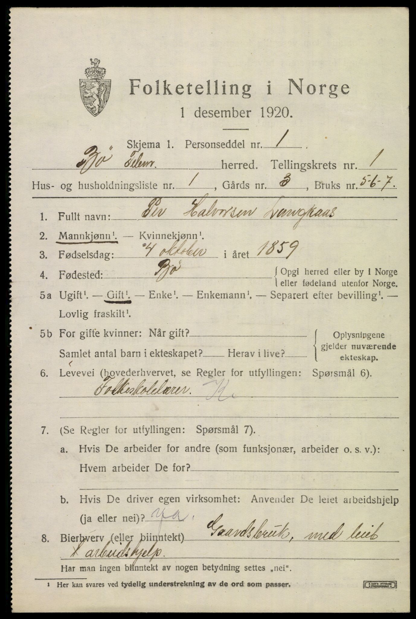 SAKO, 1920 census for Bø (Telemark), 1920, p. 1244