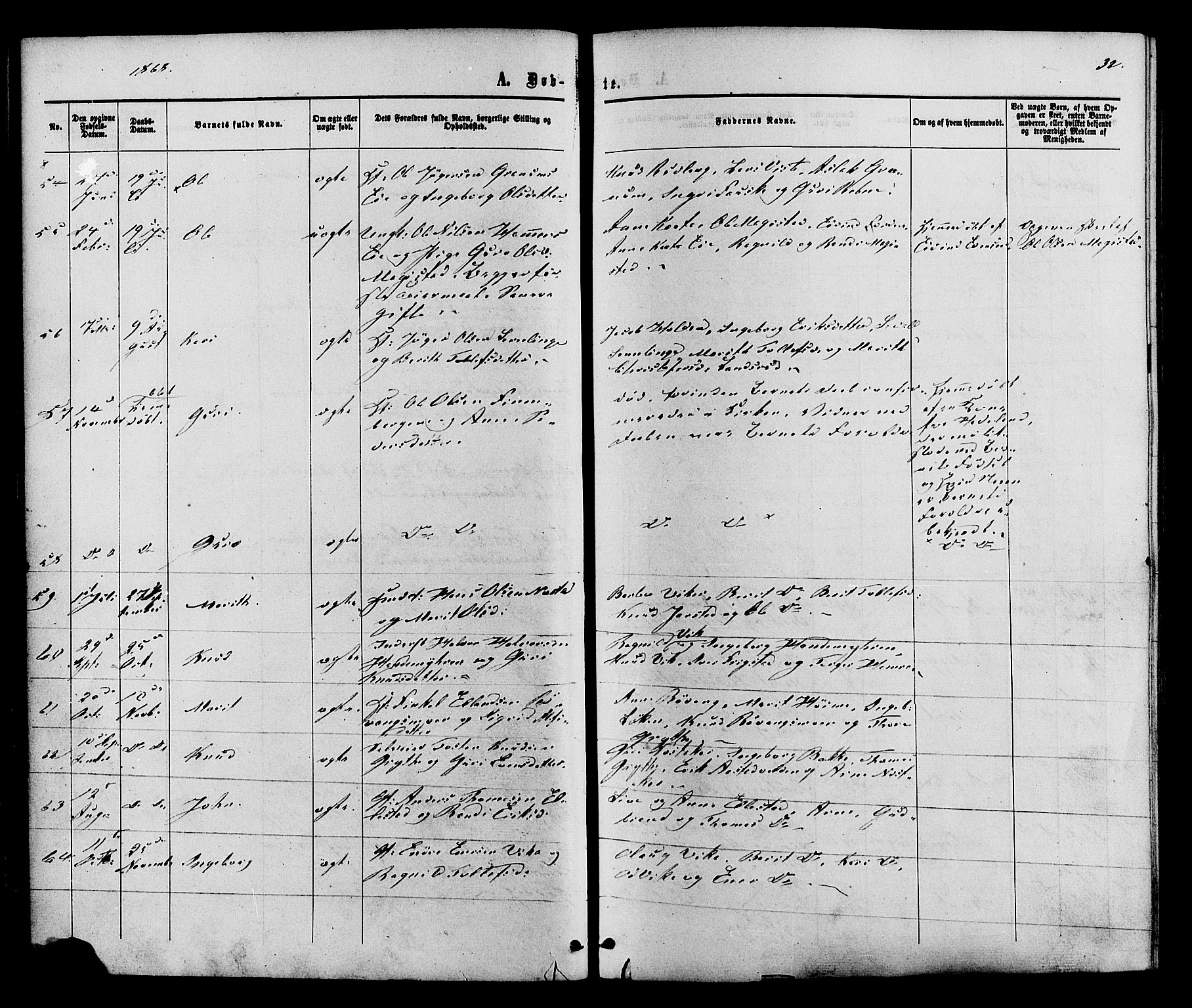 Vestre Slidre prestekontor, SAH/PREST-136/H/Ha/Haa/L0003: Parish register (official) no. 3, 1865-1880, p. 32