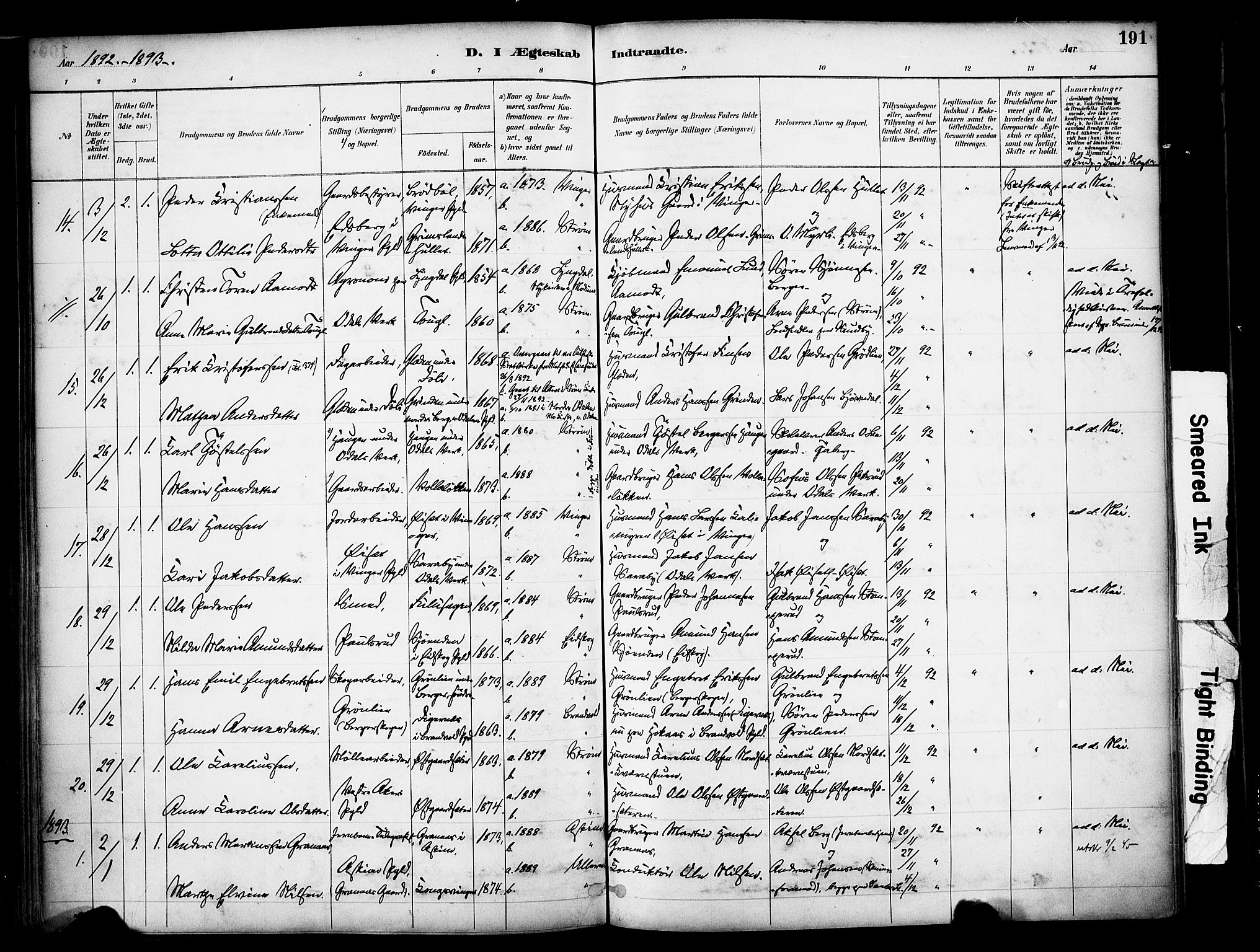 Sør-Odal prestekontor, SAH/PREST-030/H/Ha/Haa/L0007: Parish register (official) no. 7, 1886-1925, p. 191