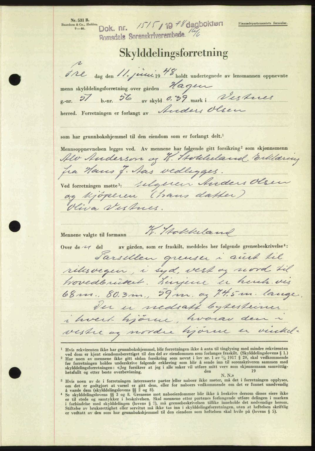 Romsdal sorenskriveri, AV/SAT-A-4149/1/2/2C: Mortgage book no. A26, 1948-1948, Diary no: : 1515/1948