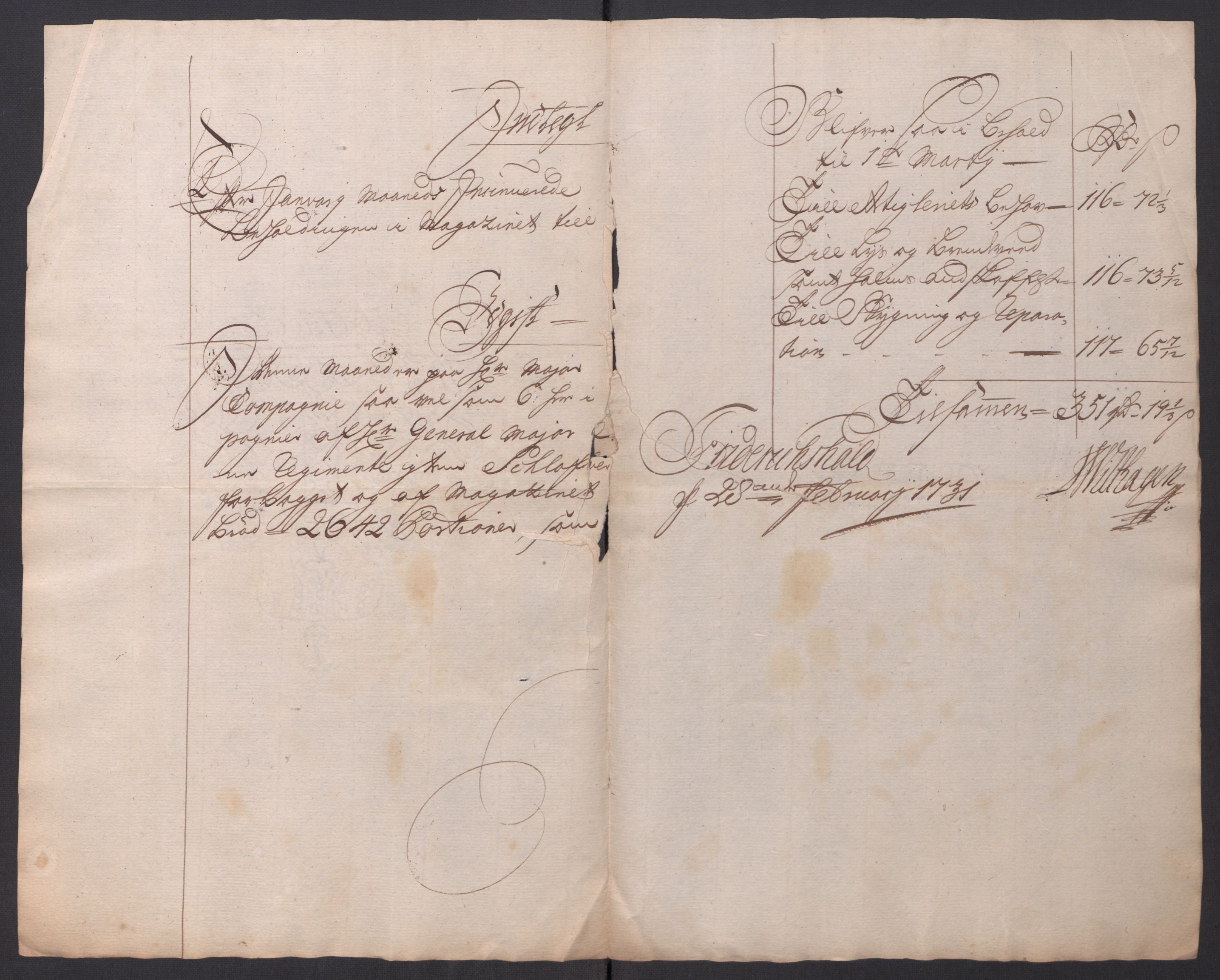 Kommanderende general (KG I) med Det norske krigsdirektorium, AV/RA-EA-5419/D/L0154: Fredriksten festning: Brev, inventarfortegnelser og regnskapsekstrakter, 1730-1739, p. 74