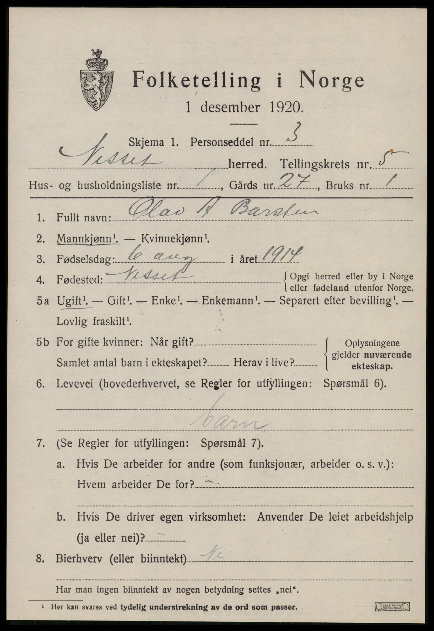 SAT, 1920 census for Nesset, 1920, p. 2214