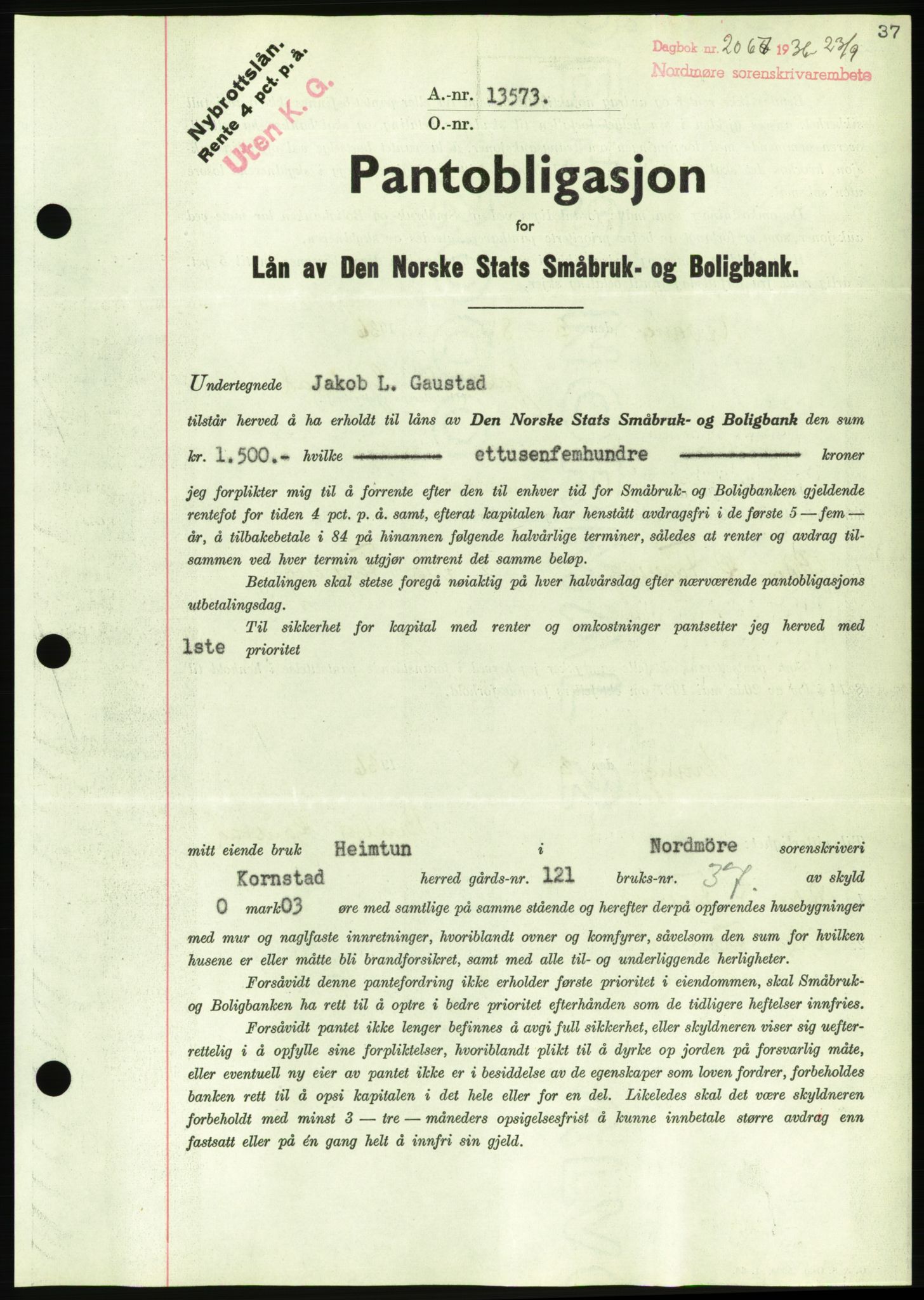 Nordmøre sorenskriveri, AV/SAT-A-4132/1/2/2Ca/L0090: Mortgage book no. B80, 1936-1937, Diary no: : 2067/1936