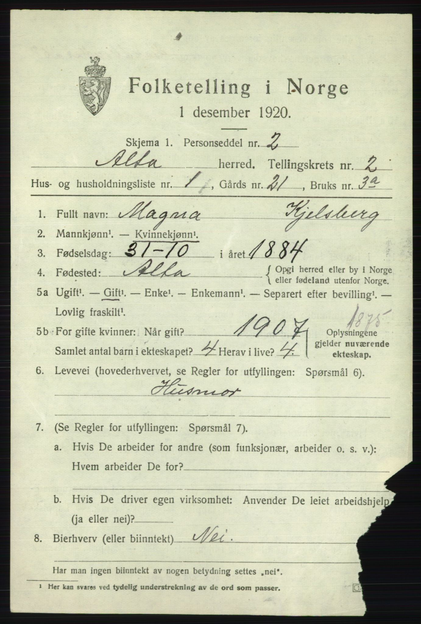 SATØ, 1920 census for Alta, 1920, p. 1989