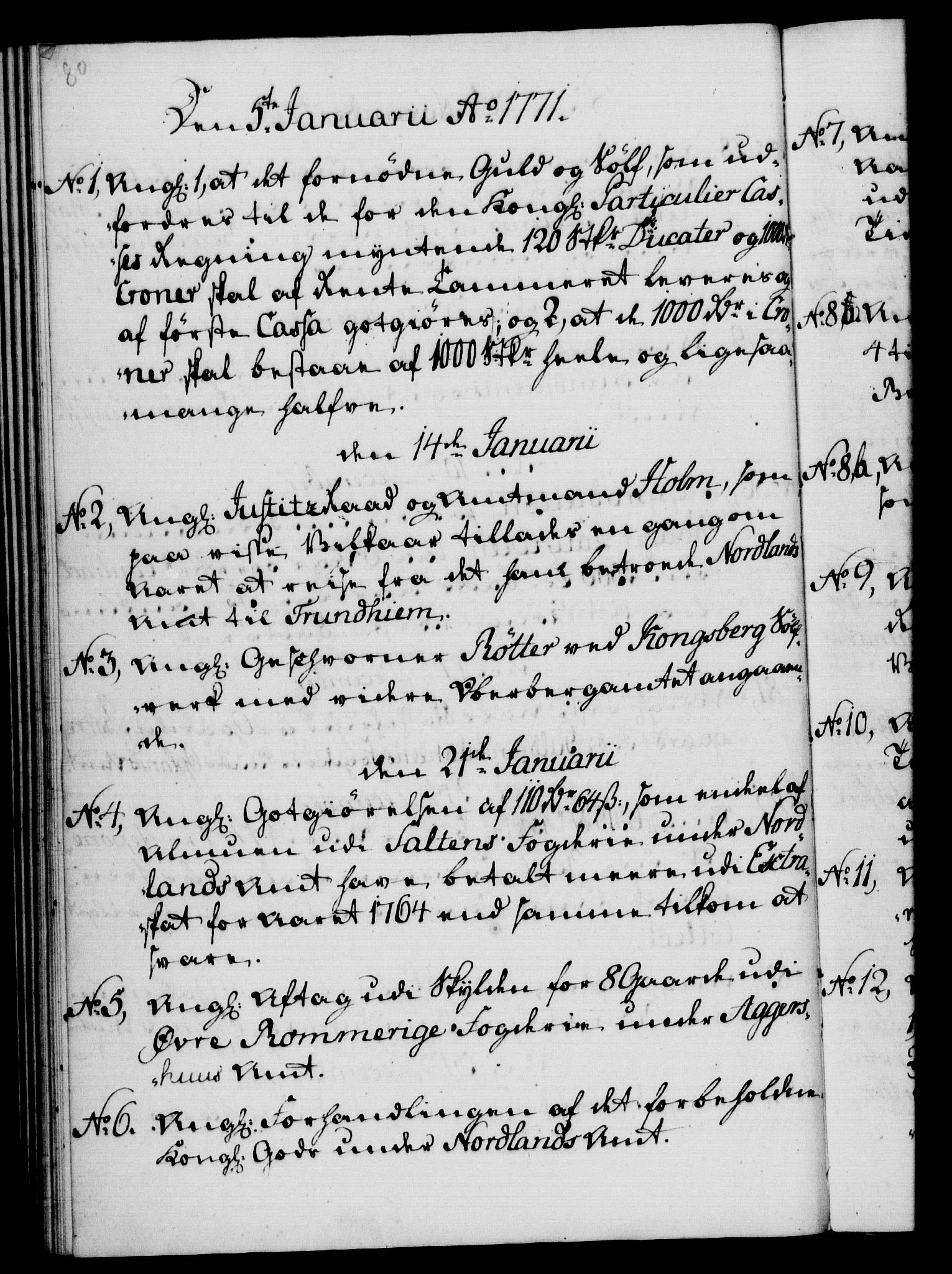 Rentekammeret, Kammerkanselliet, RA/EA-3111/G/Gf/Gfb/L0008: Register til norske relasjons- og resolusjonsprotokoller (merket RK 52.103), 1766-1771, p. 80
