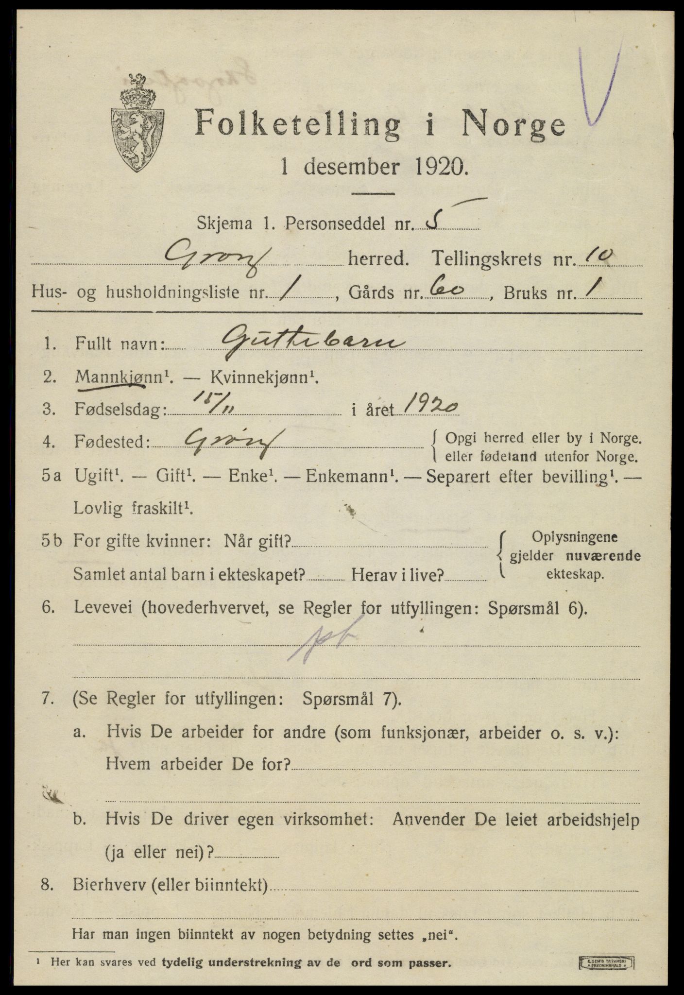 SAT, 1920 census for Grong, 1920, p. 5593