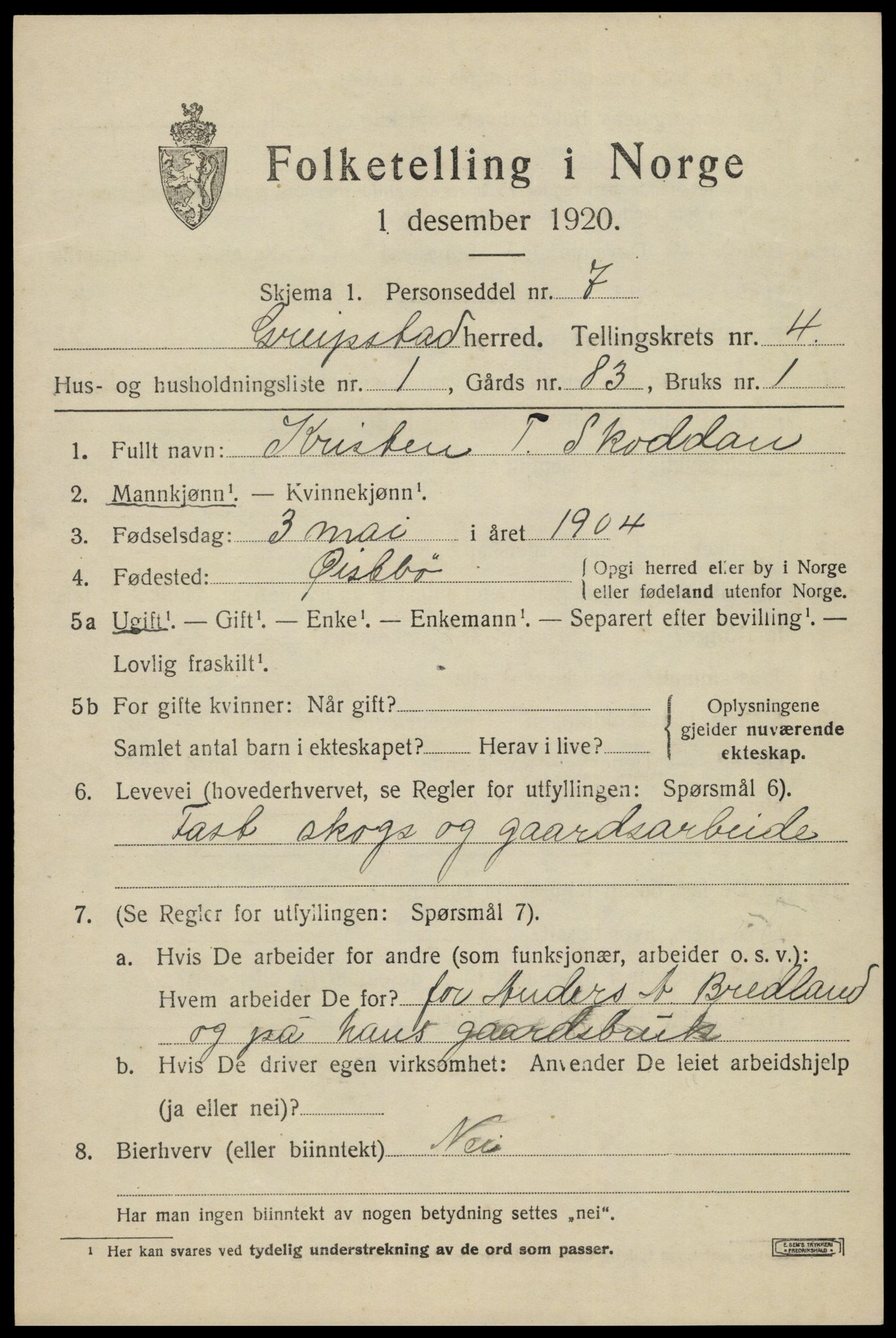 SAK, 1920 census for Greipstad, 1920, p. 1510