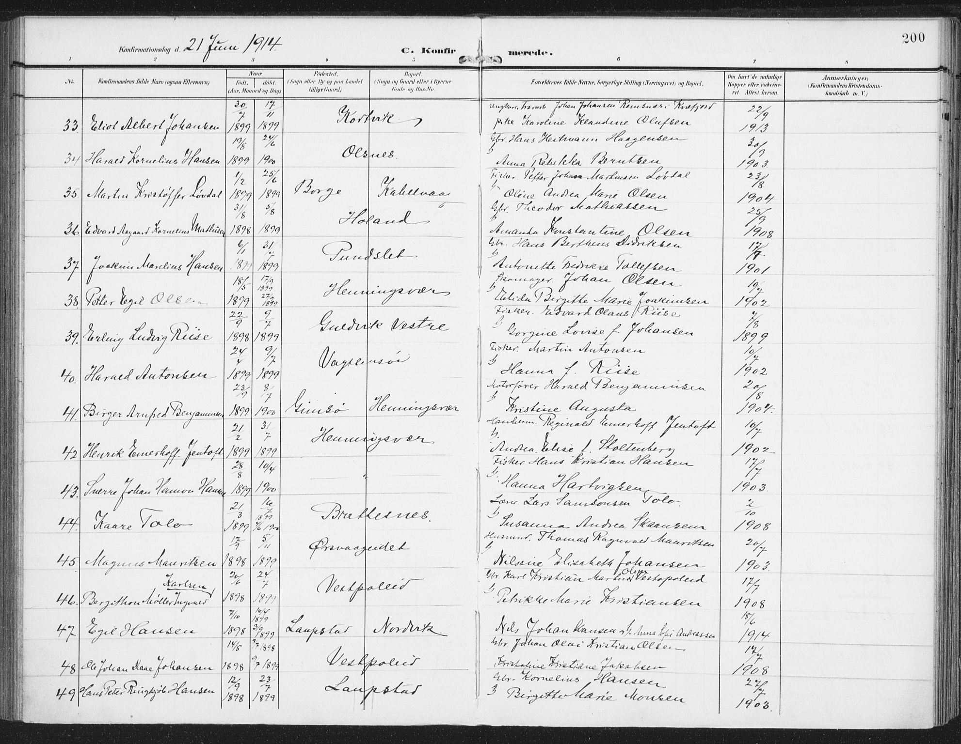 Ministerialprotokoller, klokkerbøker og fødselsregistre - Nordland, AV/SAT-A-1459/874/L1063: Parish register (official) no. 874A07, 1907-1915, p. 200