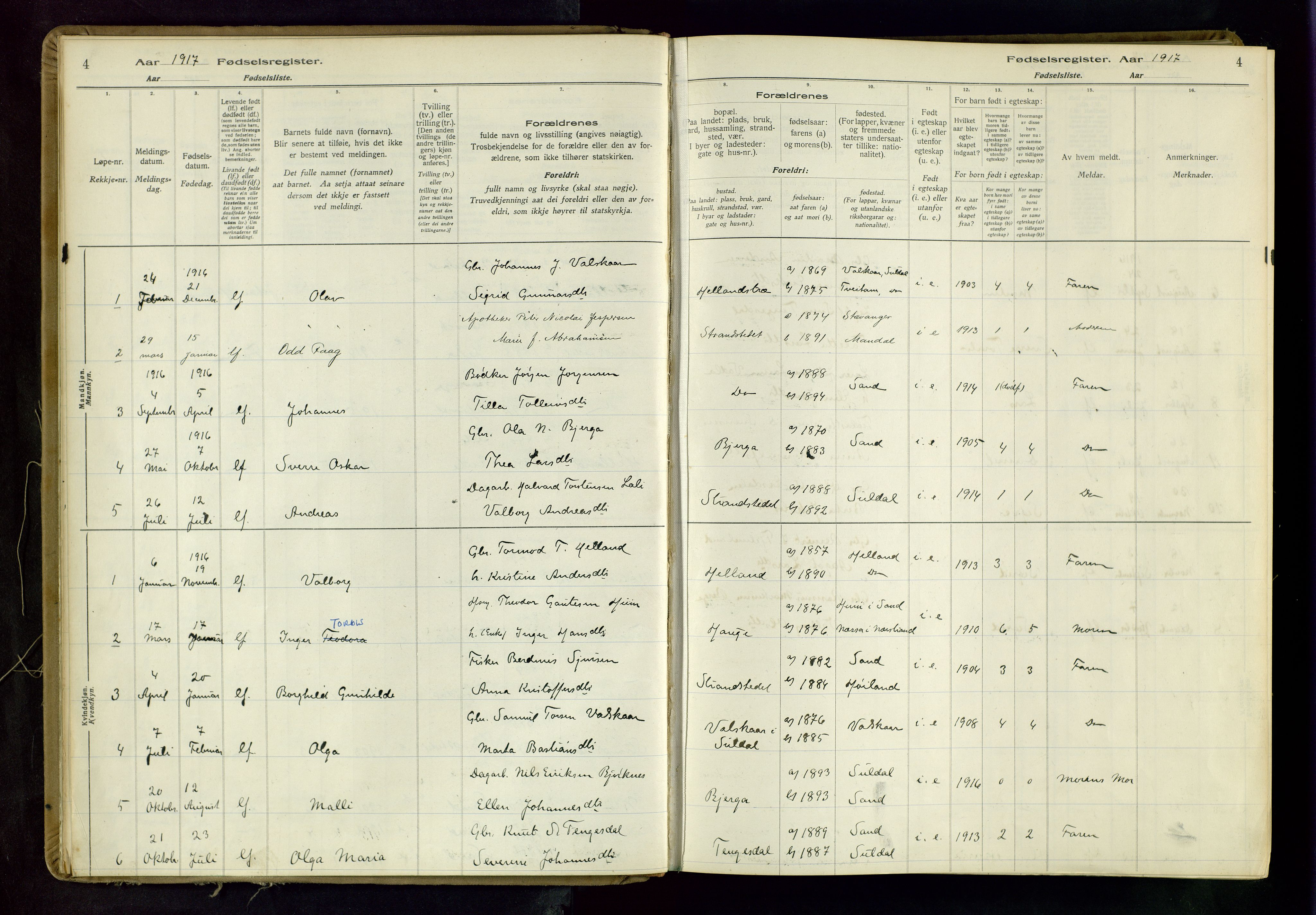 Suldal sokneprestkontor, AV/SAST-A-101845/03/A/L0001: Birth register no. 1, 1916-1982, p. 4