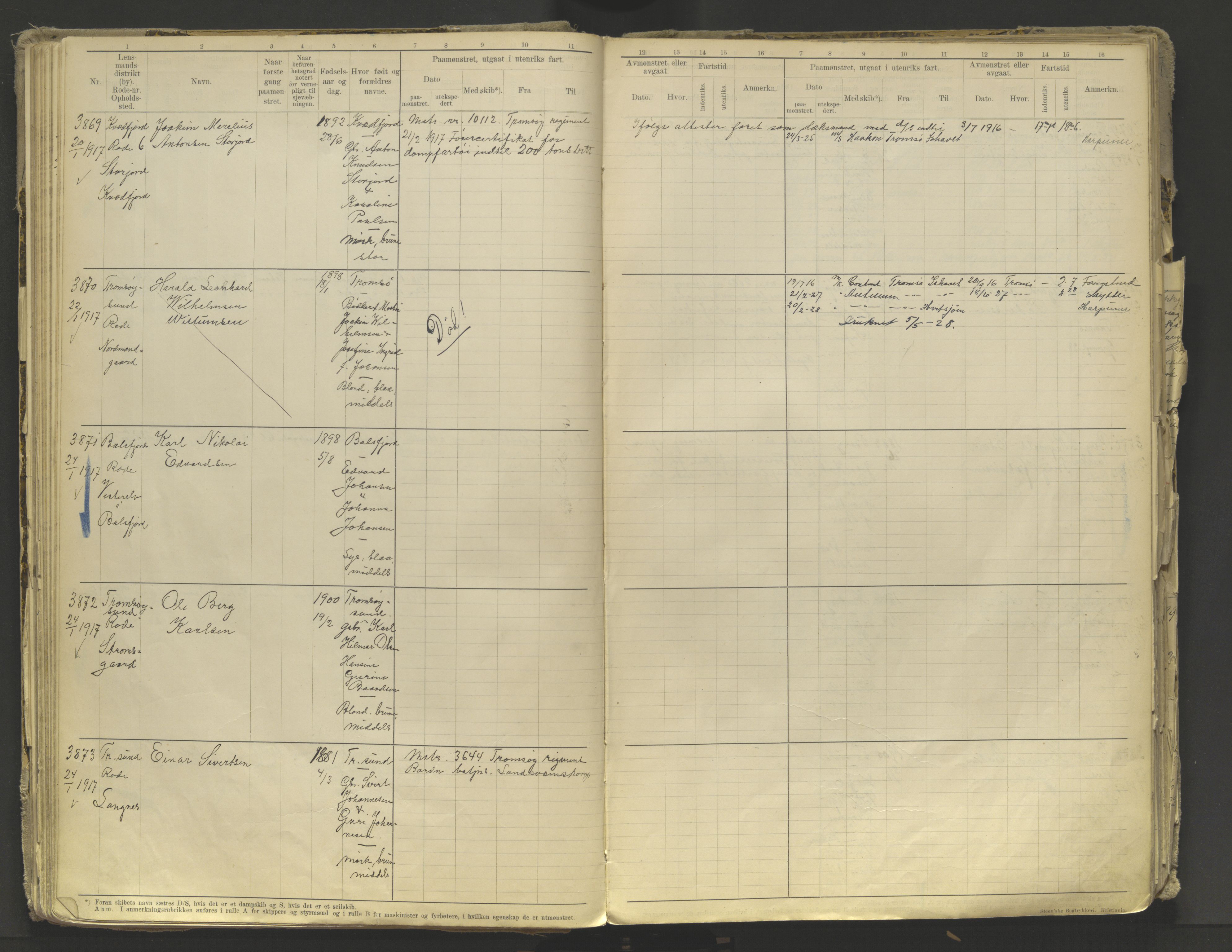 Tromsø sjømannskontor/innrullerings-/mønstringsdistrikt, AV/SATØ-S-0243/F/Fb/L0010: Annotasjonsrulle. Defekt: løs innbinding. Nr. 3519-4972, 1916-1920