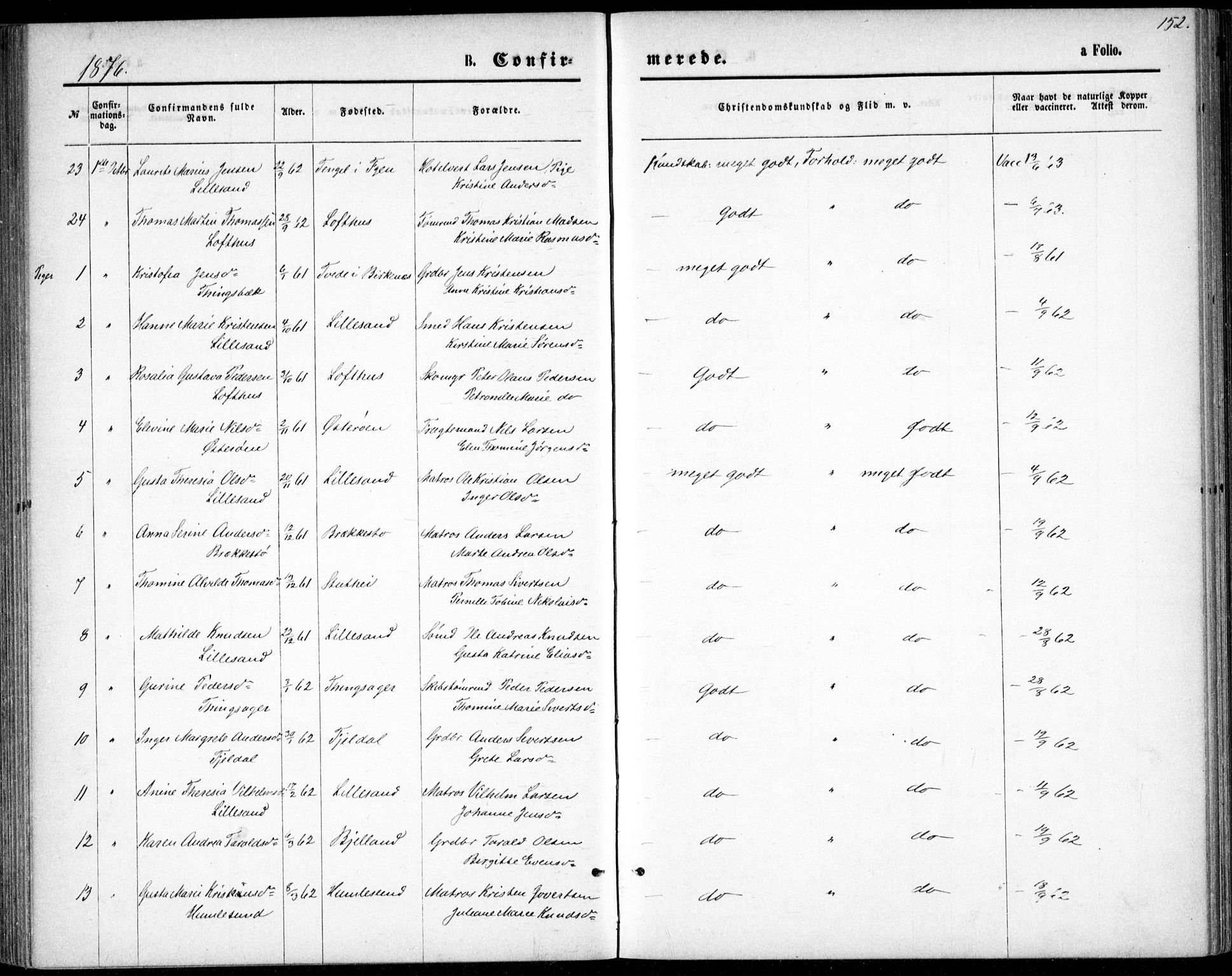 Vestre Moland sokneprestkontor, AV/SAK-1111-0046/F/Fb/Fbb/L0005: Parish register (copy) no. B 5, 1872-1883, p. 152