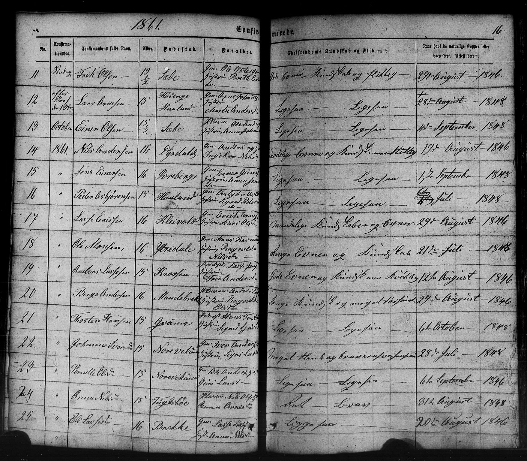 Lavik sokneprestembete, AV/SAB-A-80901: Parish register (copy) no. B 1, 1854-1881, p. 16