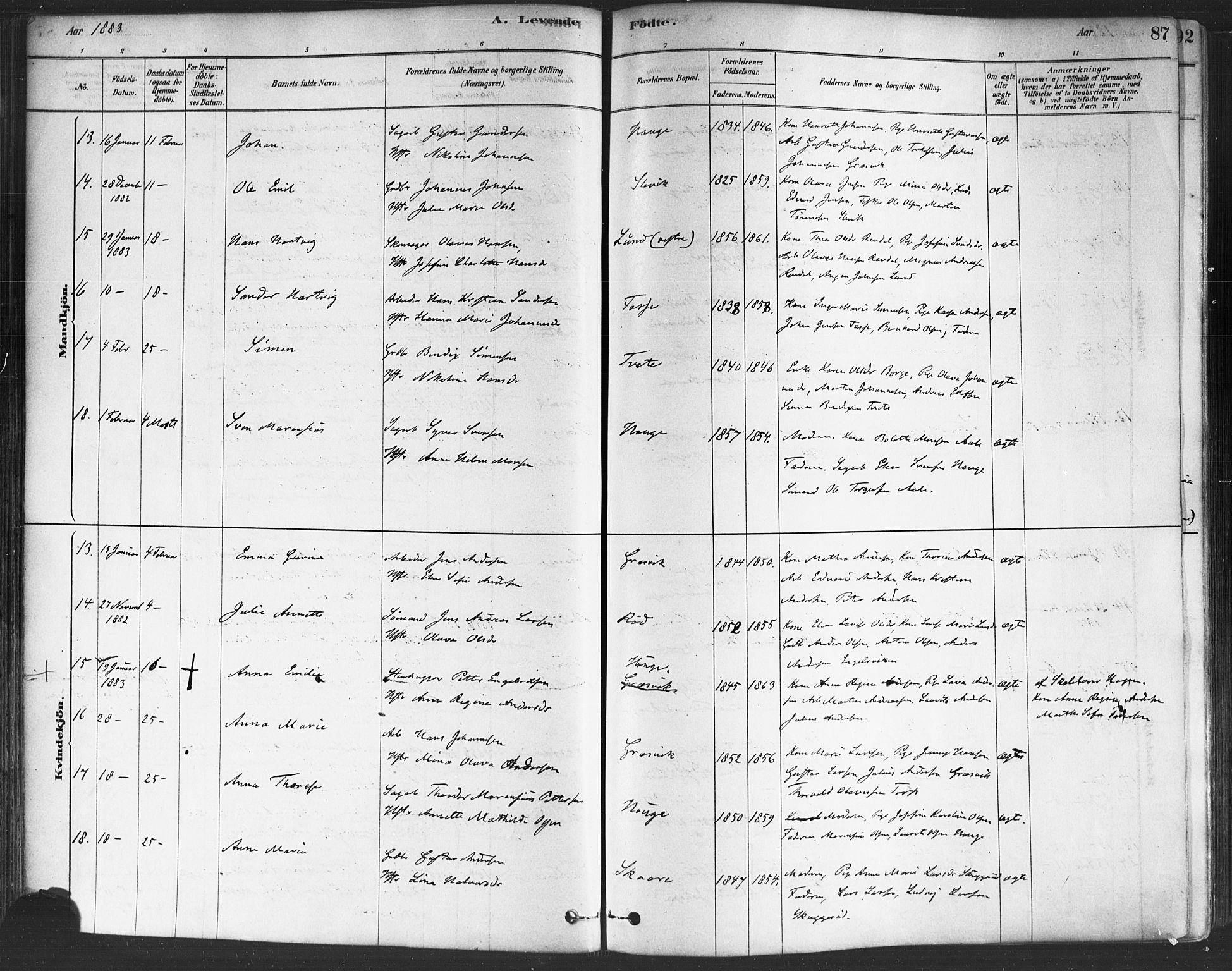 Onsøy prestekontor Kirkebøker, SAO/A-10914/F/Fa/L0005: Parish register (official) no. I 5, 1878-1898, p. 87