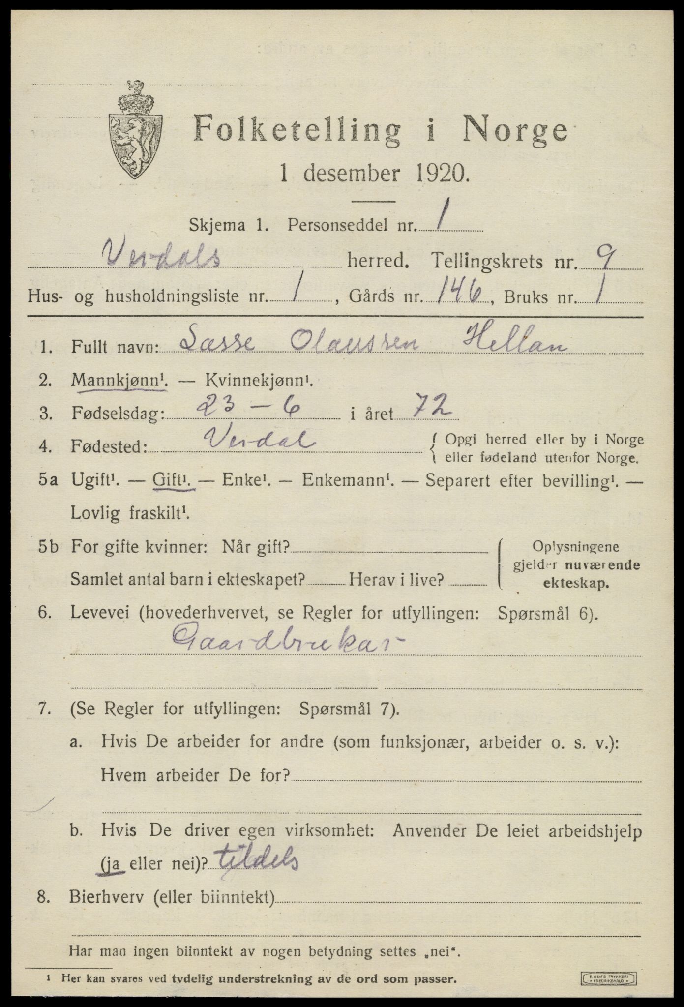 SAT, 1920 census for Verdal, 1920, p. 11355