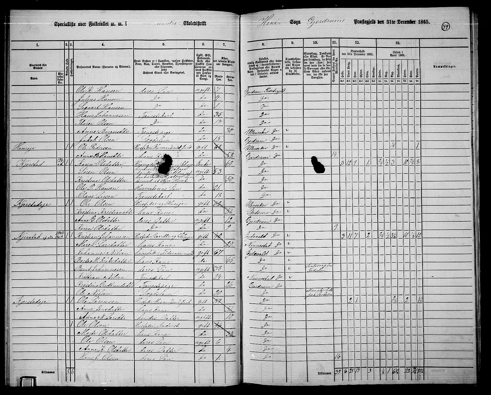 RA, 1865 census for Gjerdrum, 1865, p. 39