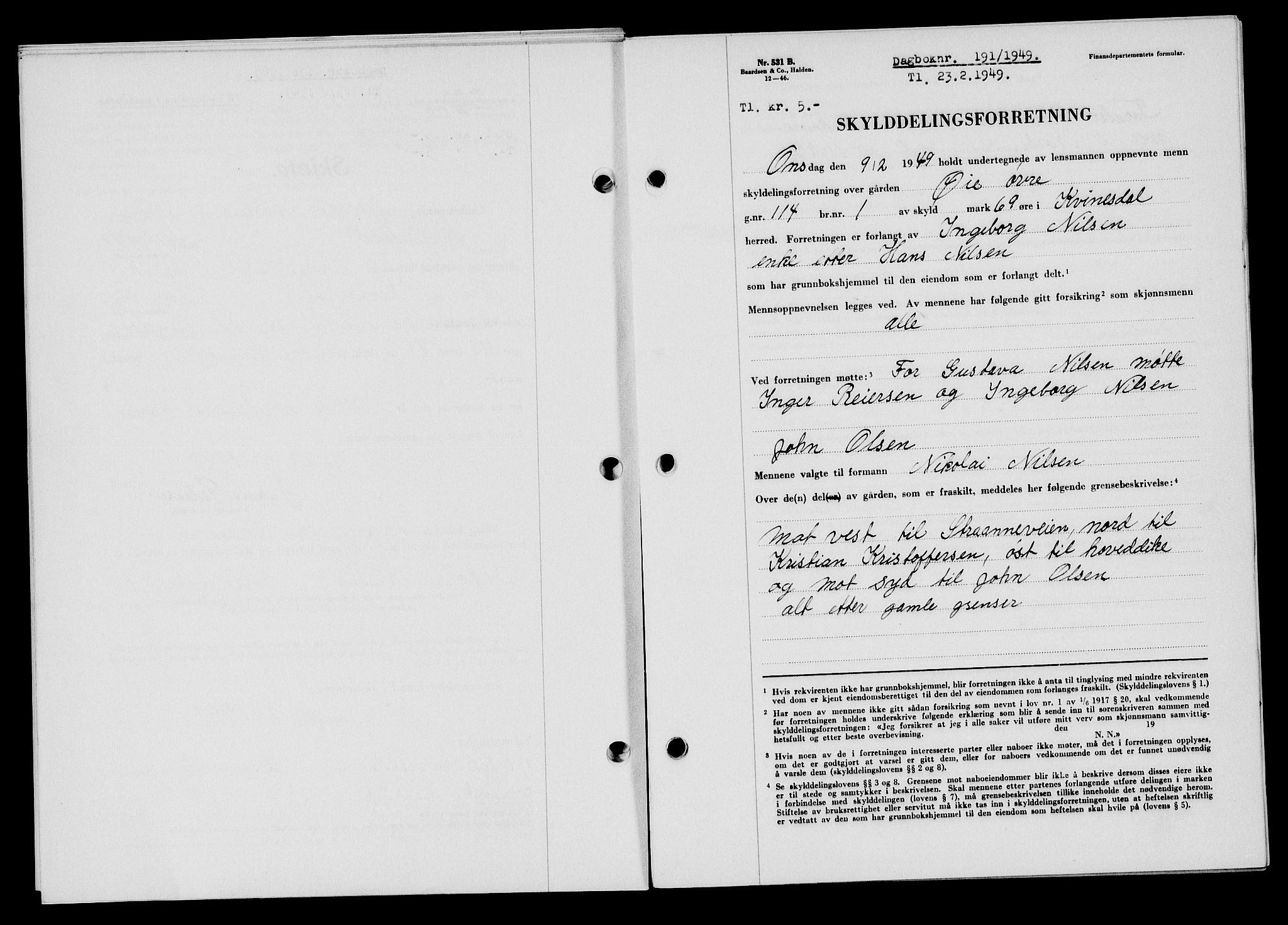 Flekkefjord sorenskriveri, SAK/1221-0001/G/Gb/Gba/L0064: Mortgage book no. A-12, 1948-1949, Diary no: : 191/1949