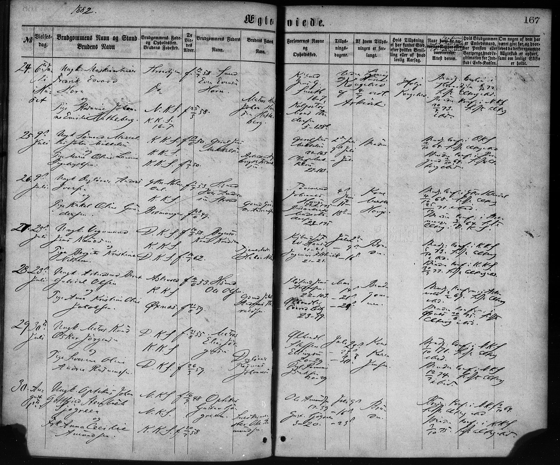 Korskirken sokneprestembete, AV/SAB-A-76101/H/Haa/L0036: Parish register (official) no. D 3, 1867-1882, p. 167