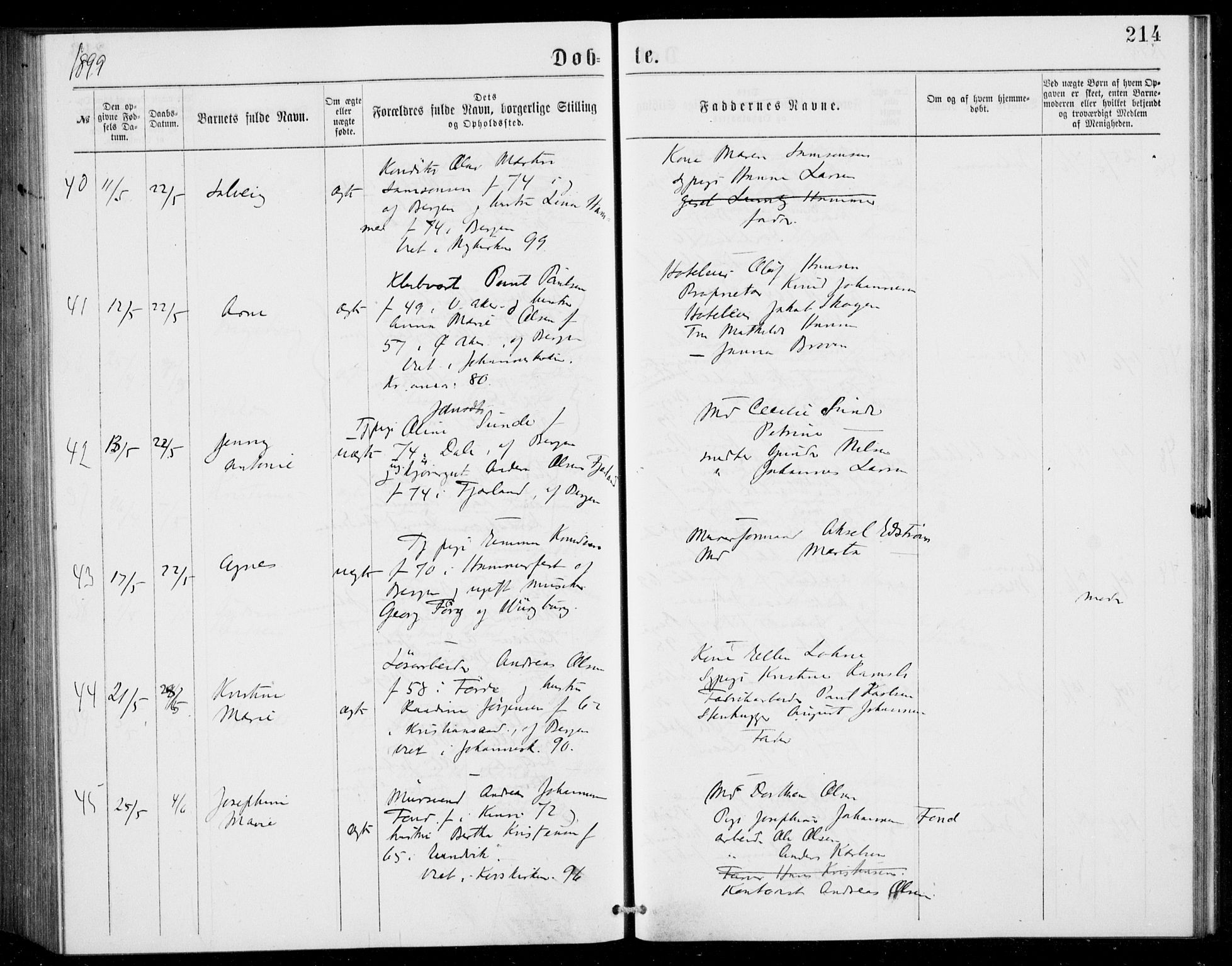 Fødselsstiftelsens sokneprestembete, ført av overlegen*, SAB/-: Parish register (official) no. A 2, 1884-1900, p. 214