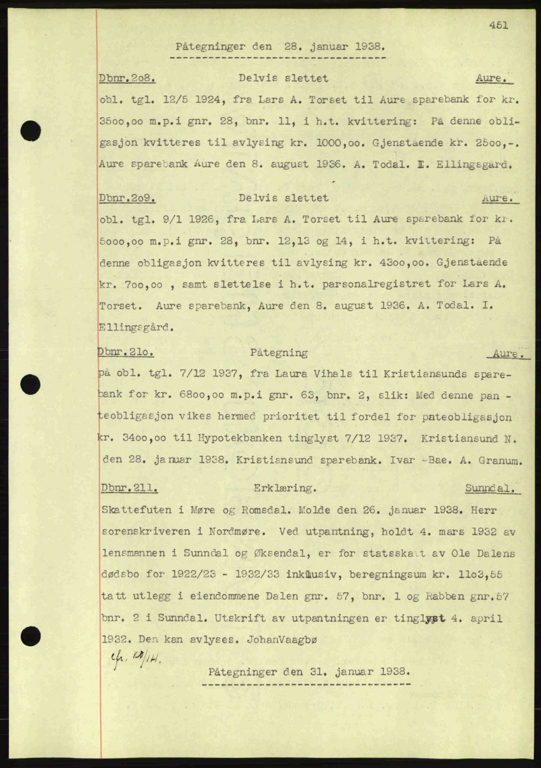 Nordmøre sorenskriveri, AV/SAT-A-4132/1/2/2Ca: Mortgage book no. C80, 1936-1939, Diary no: : 208/1938