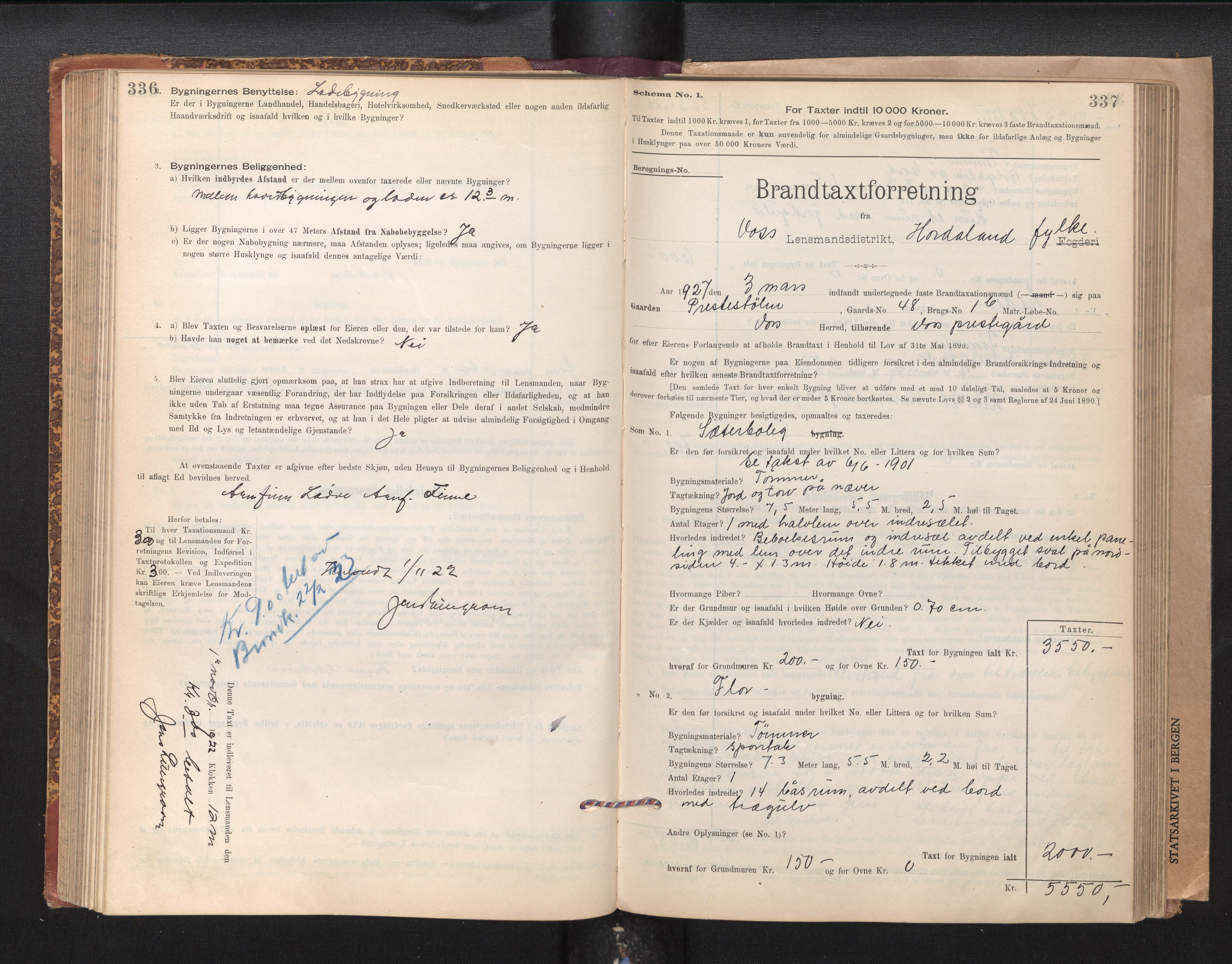 Lensmannen i Voss, SAB/A-35801/0012/L0008: Branntakstprotokoll, skjematakst, 1895-1945, p. 336-337