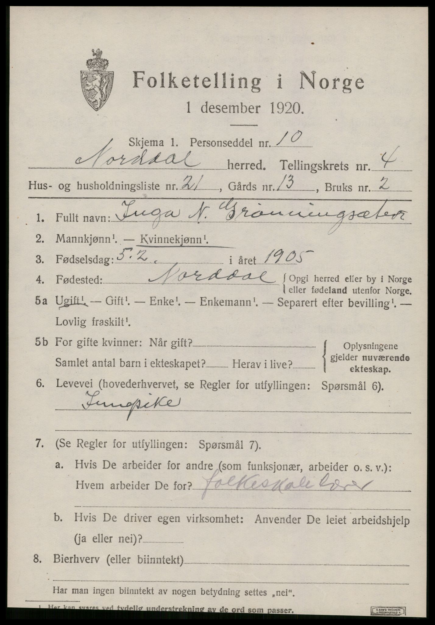 SAT, 1920 census for Norddal, 1920, p. 2771