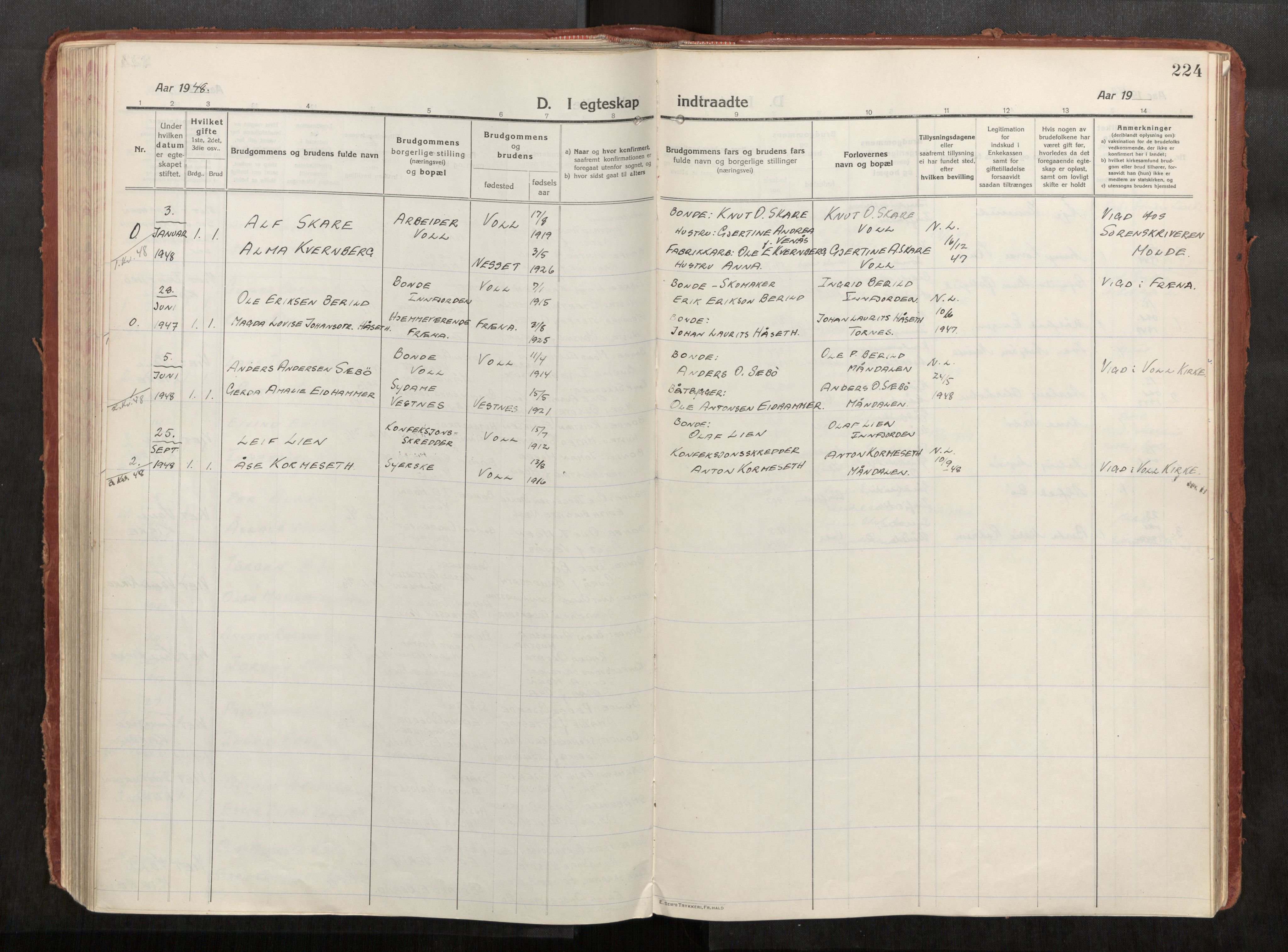 Eid sokneprestkontor, AV/SAT-A-1254: Parish register (official) no. 543A04, 1916-1956, p. 224