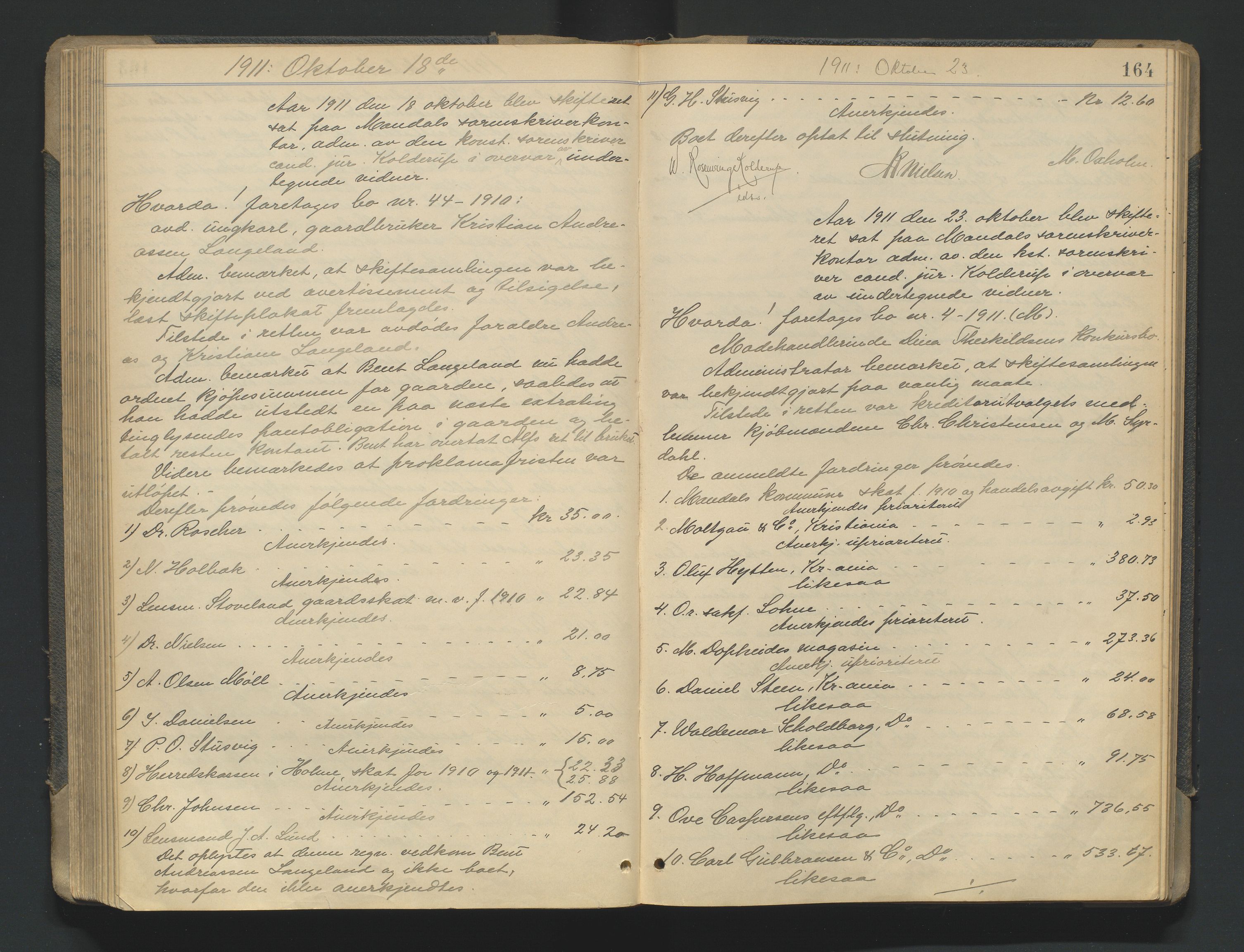 Mandal sorenskriveri, AV/SAK-1221-0005/001/H/Hc/L0081: Skifteforhandlingsprotokoll nr 13, 1909-1913, p. 164