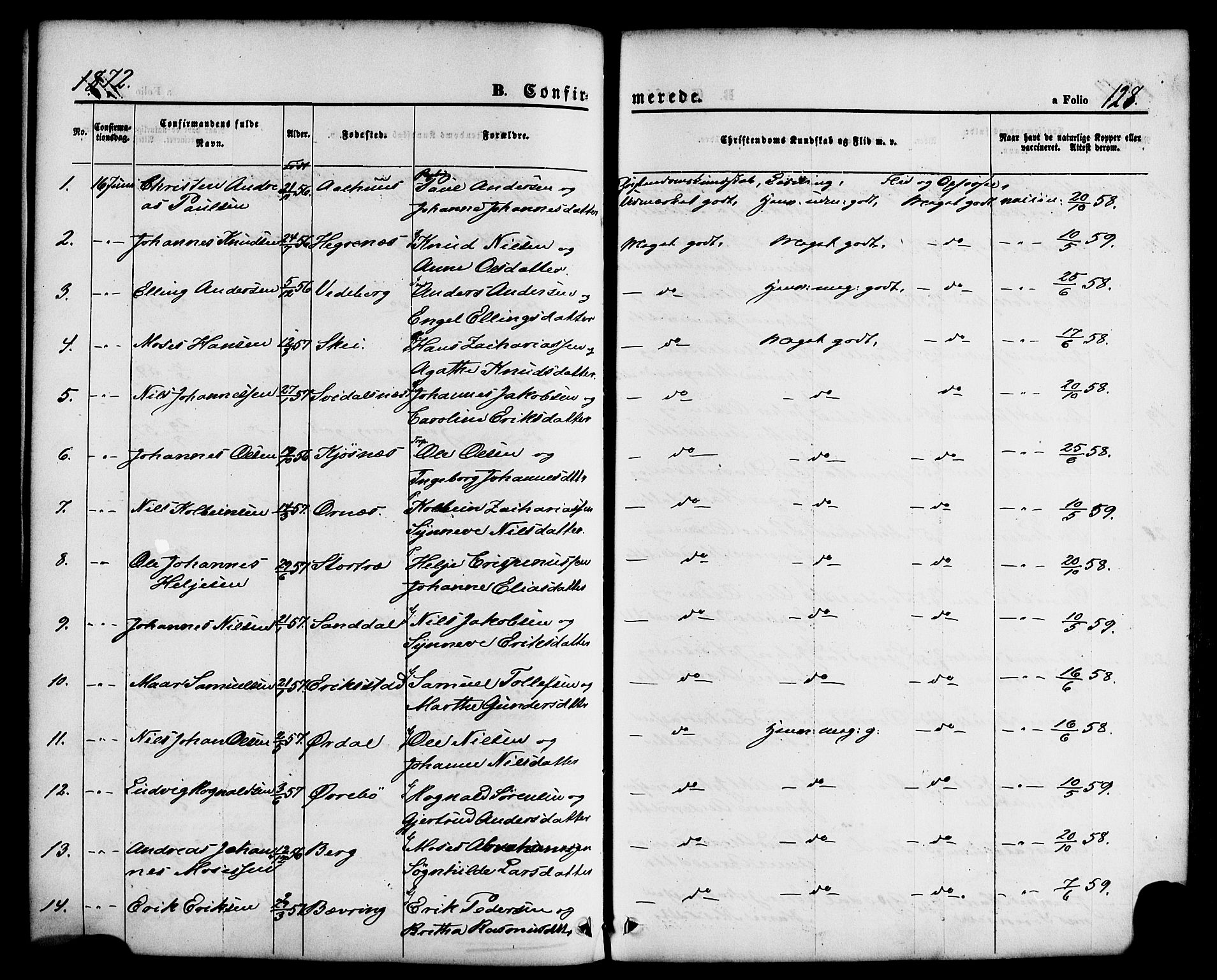 Jølster sokneprestembete, SAB/A-80701/H/Haa/Haaa/L0011: Parish register (official) no. A 11, 1866-1881, p. 128
