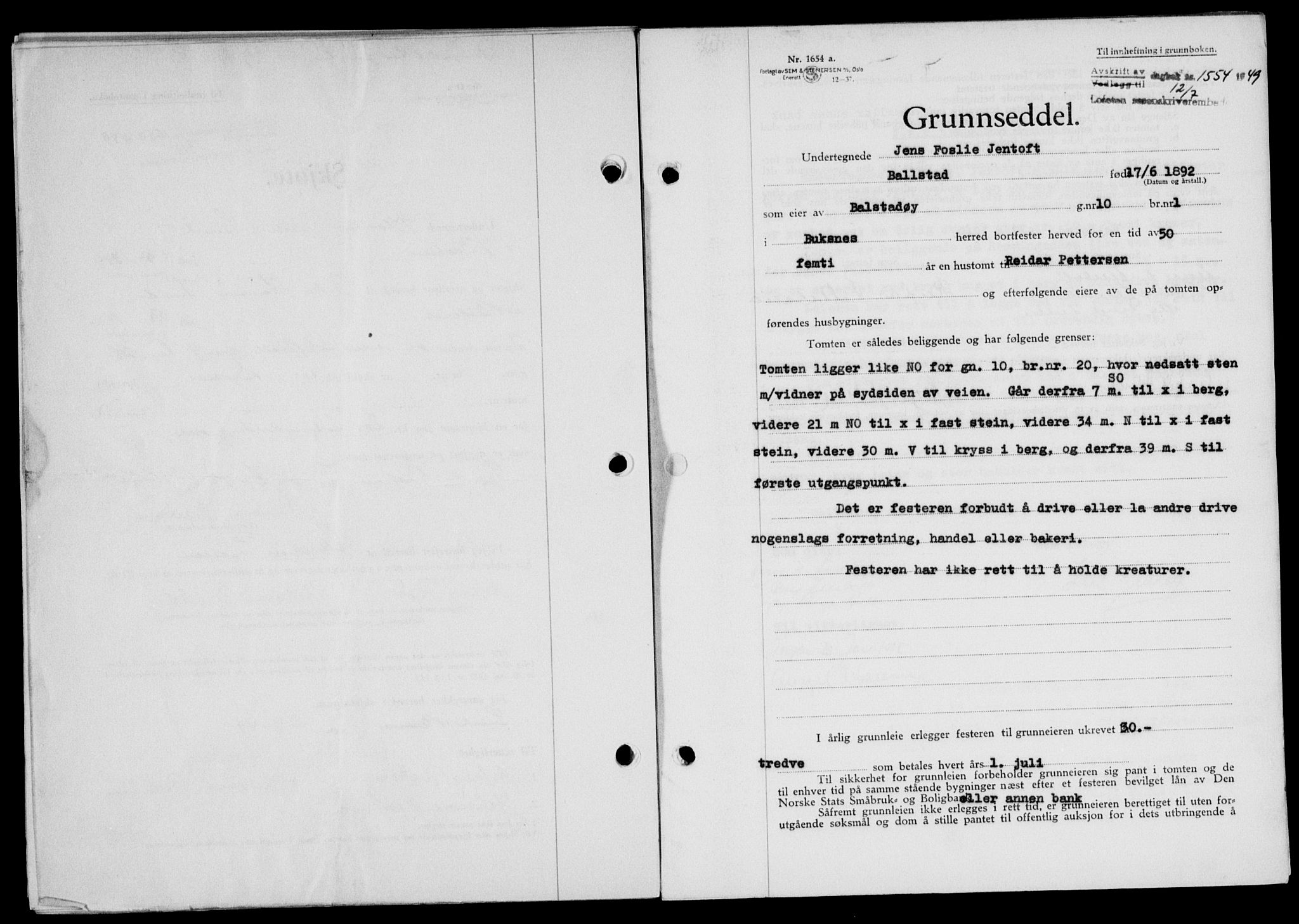 Lofoten sorenskriveri, SAT/A-0017/1/2/2C/L0021a: Mortgage book no. 21a, 1949-1949, Diary no: : 1554/1949