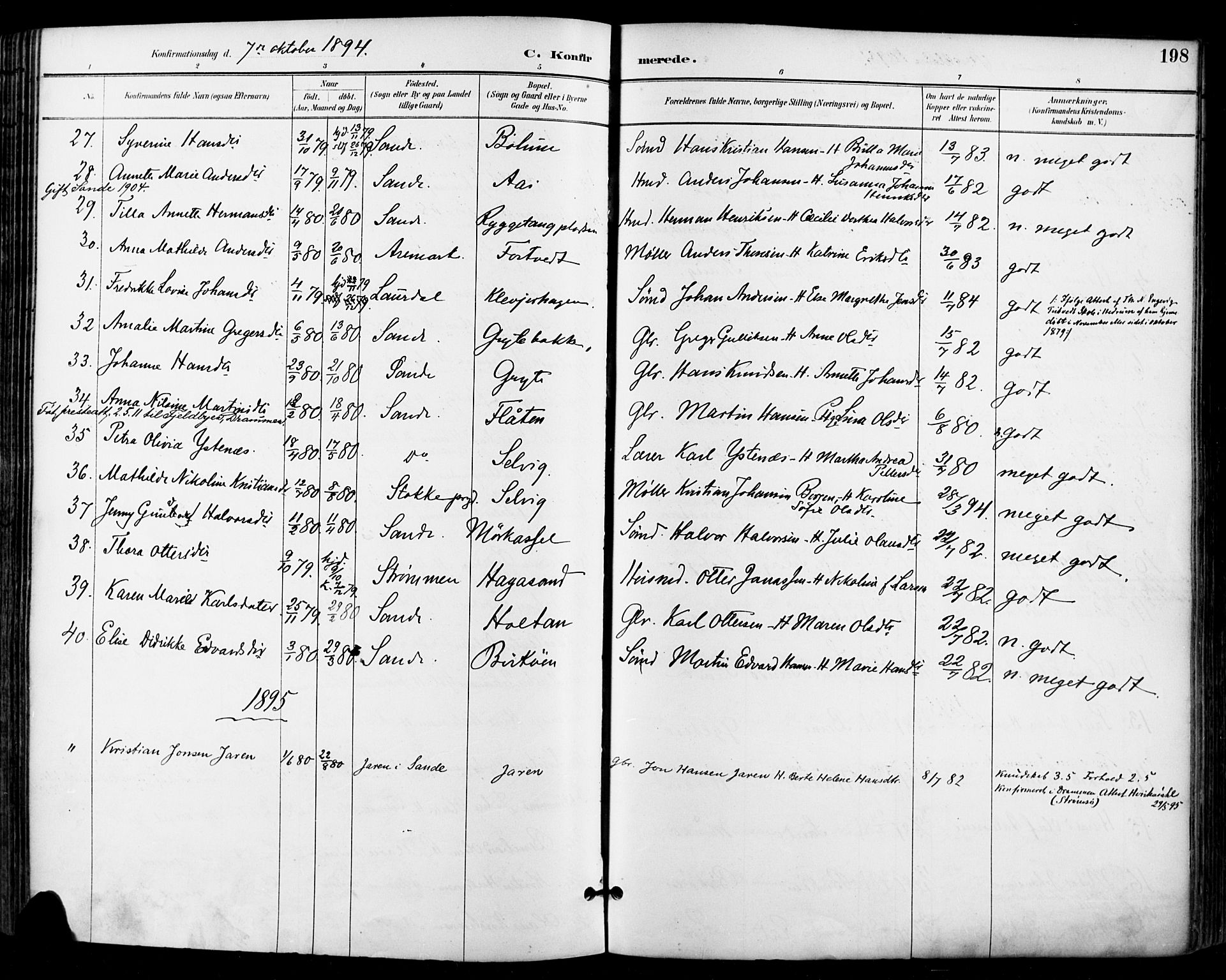 Sande Kirkebøker, SAKO/A-53/F/Fa/L0007: Parish register (official) no. 7, 1888-1903, p. 198