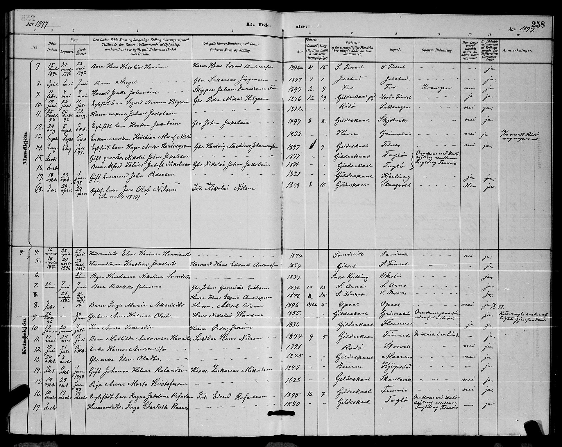 Ministerialprotokoller, klokkerbøker og fødselsregistre - Nordland, AV/SAT-A-1459/805/L0108: Parish register (copy) no. 805C04, 1885-1899, p. 258