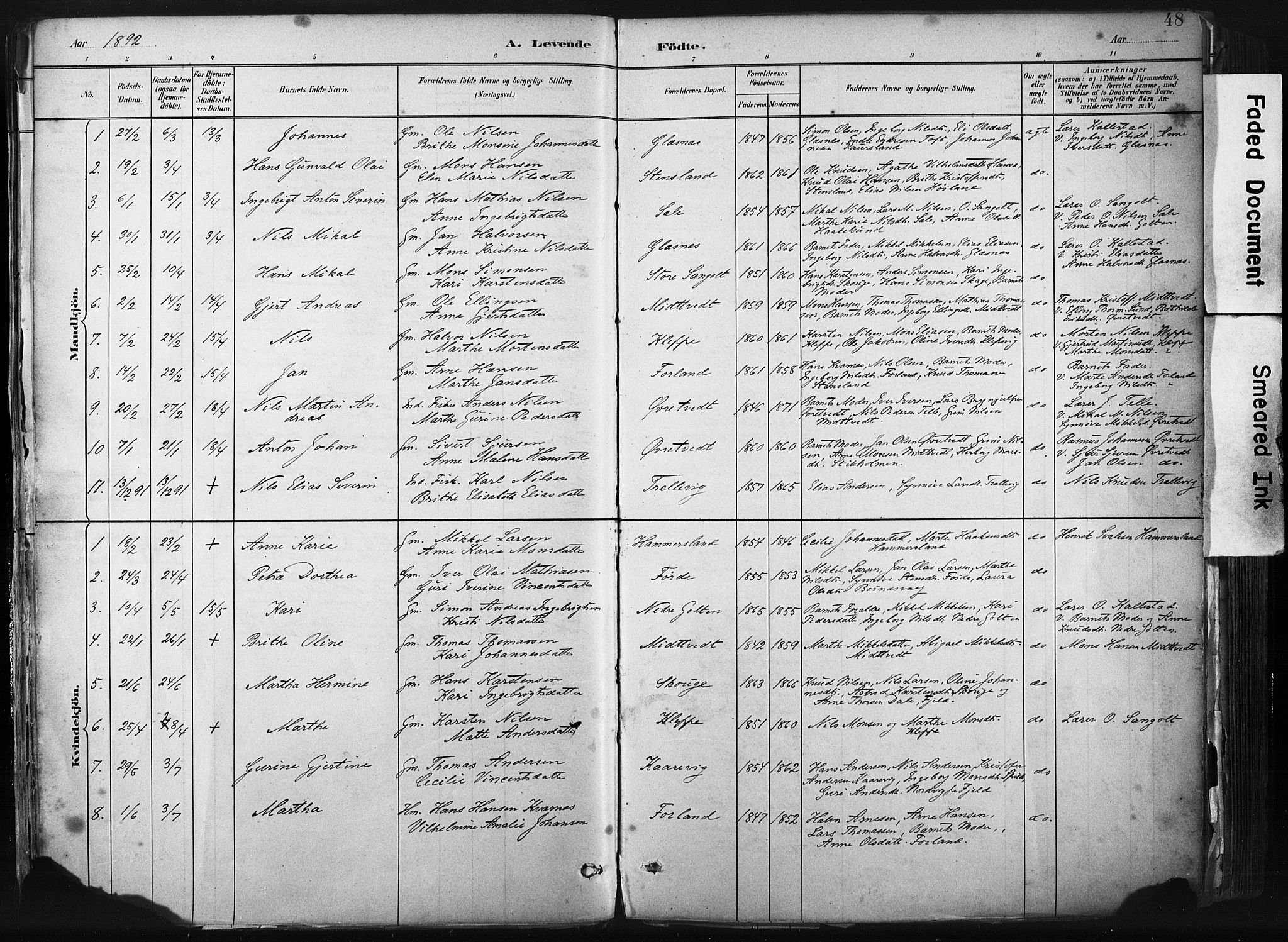 Sund sokneprestembete, SAB/A-99930: Parish register (official) no. B 1, 1882-1907, p. 48