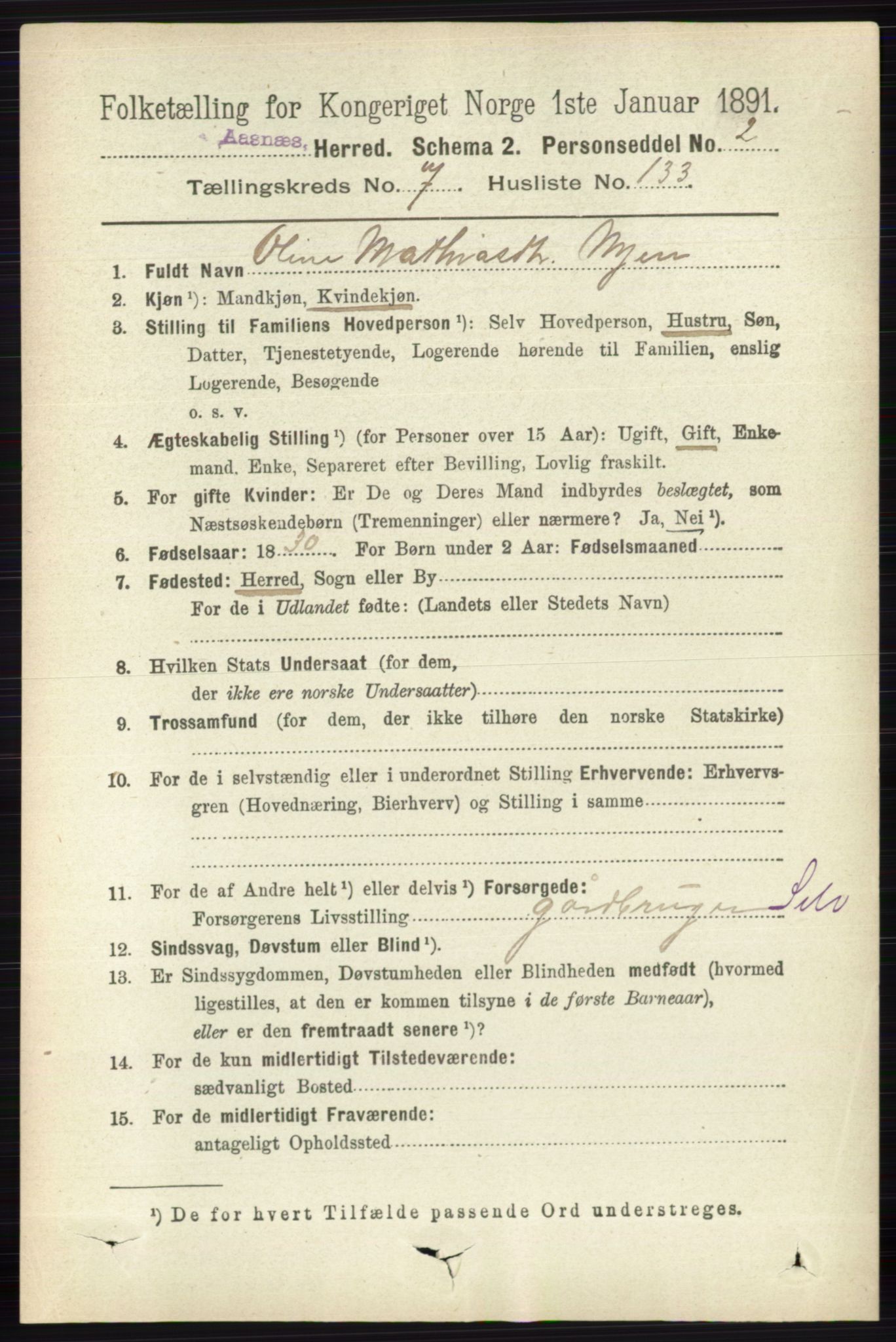 RA, 1891 census for 0425 Åsnes, 1891, p. 4112