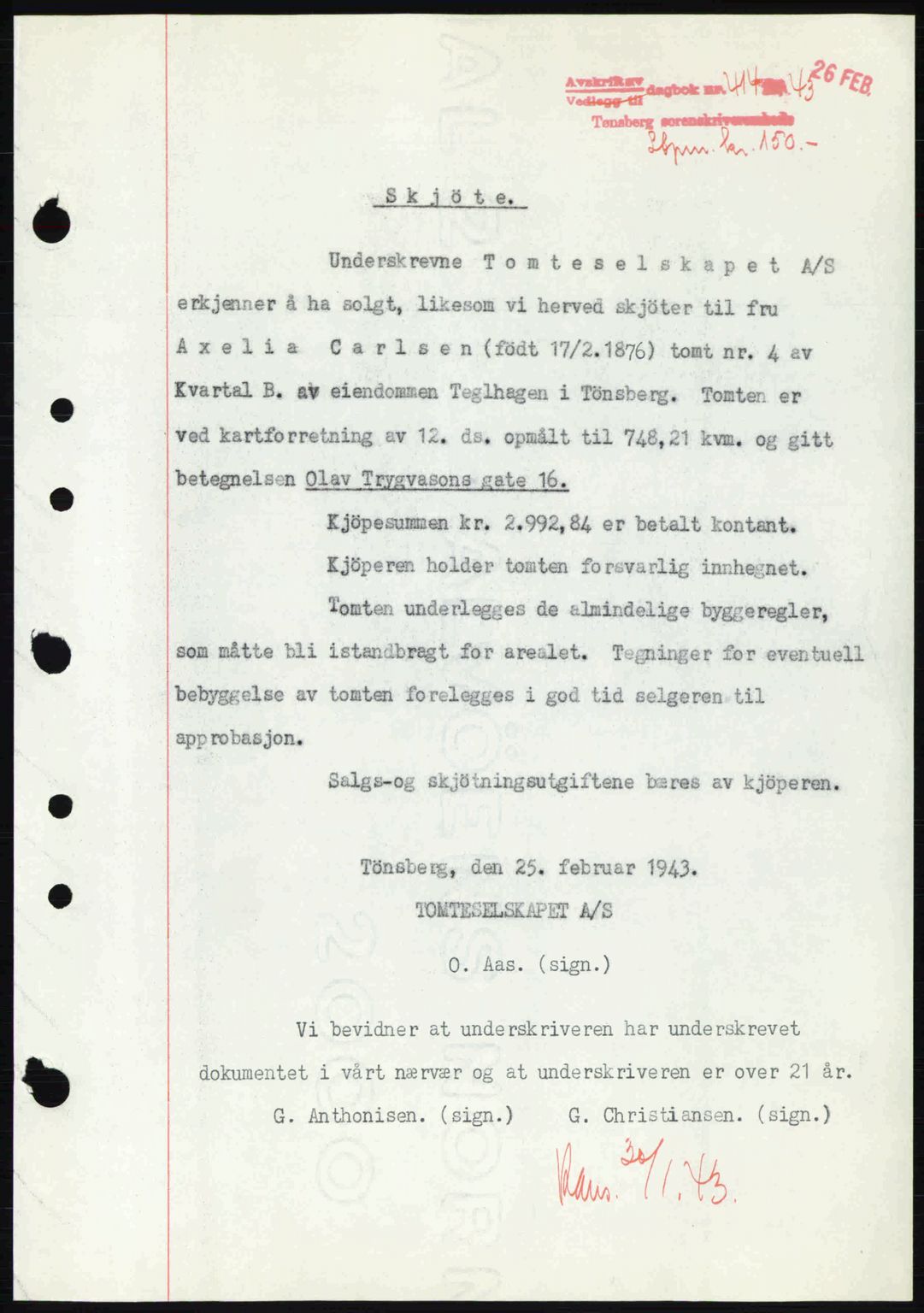 Tønsberg sorenskriveri, AV/SAKO-A-130/G/Ga/Gaa/L0012: Mortgage book no. A12, 1942-1943, Diary no: : 414/1943