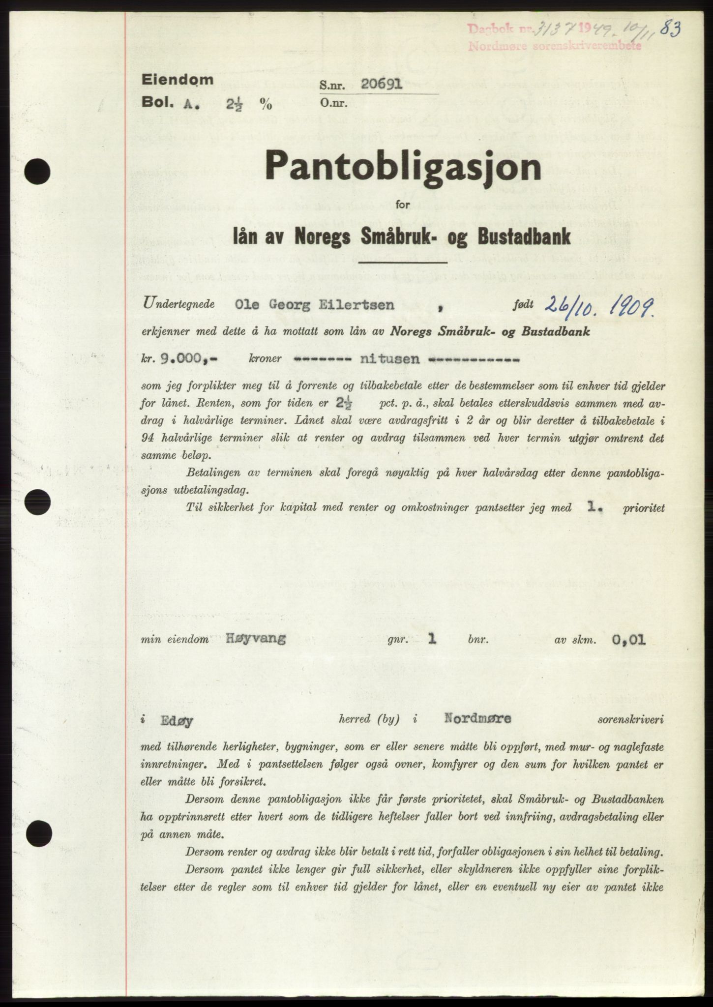 Nordmøre sorenskriveri, AV/SAT-A-4132/1/2/2Ca: Mortgage book no. B103, 1949-1950, Diary no: : 3137/1949